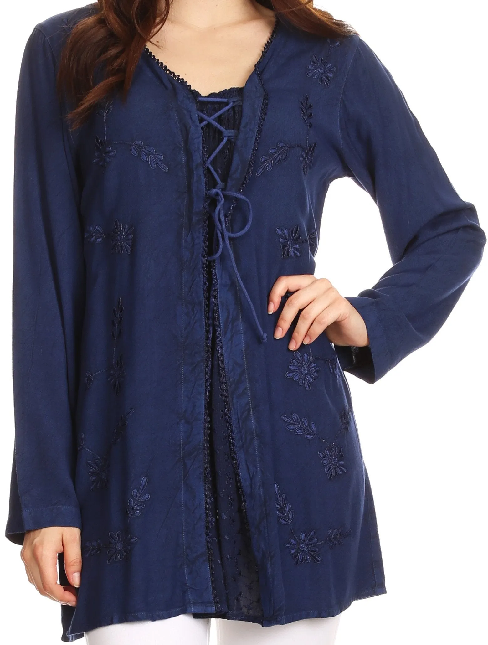 Sakkas Caylyan Long Adjustable Embroidered Long Sleeve Blouse With Corset Top