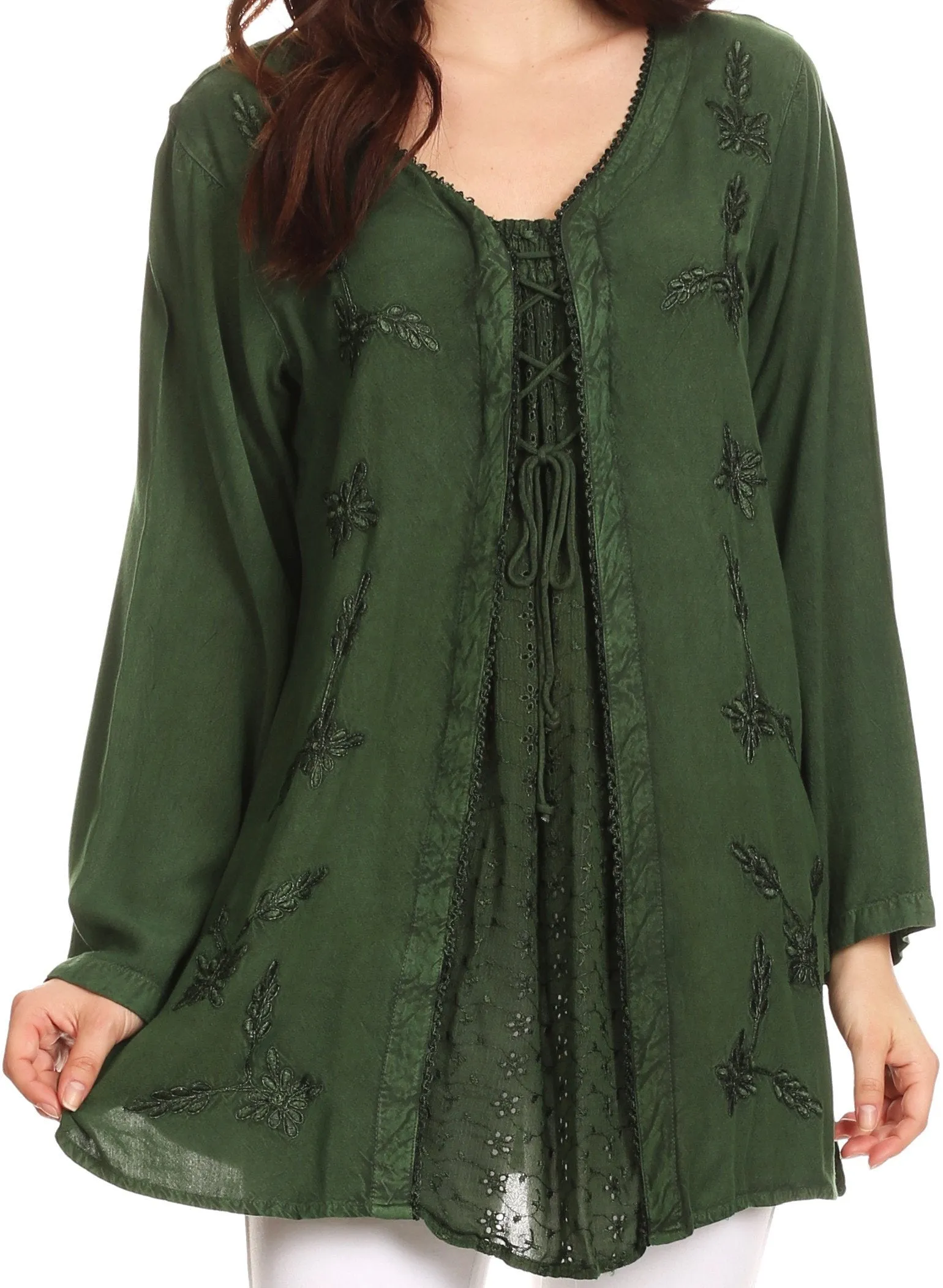 Sakkas Caylyan Long Adjustable Embroidered Long Sleeve Blouse With Corset Top