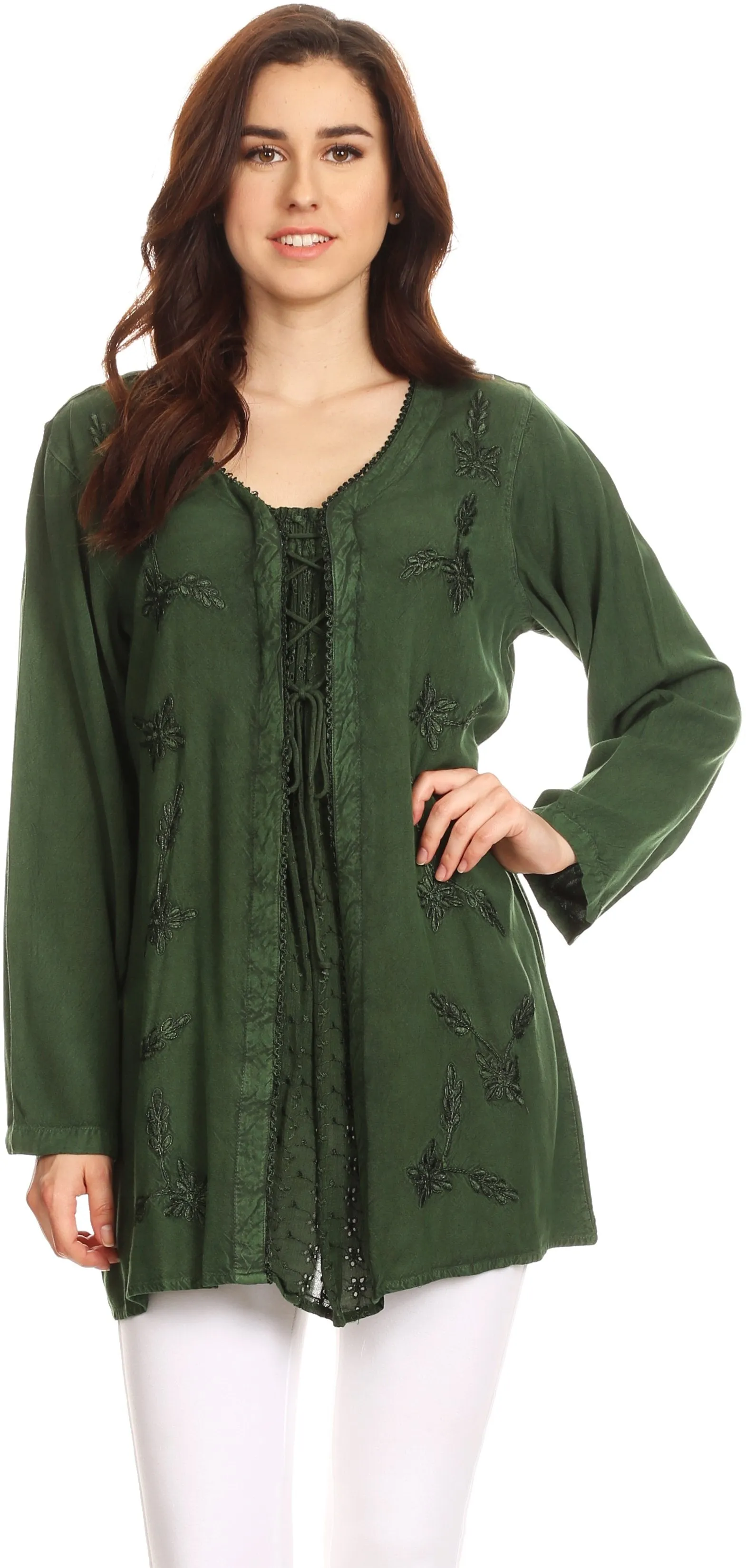 Sakkas Caylyan Long Adjustable Embroidered Long Sleeve Blouse With Corset Top