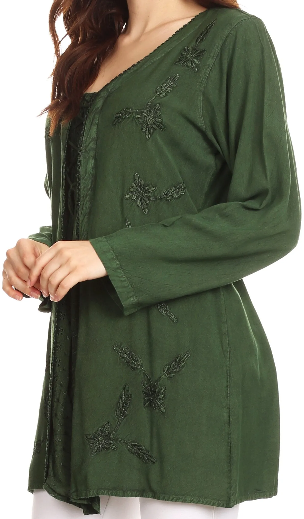 Sakkas Caylyan Long Adjustable Embroidered Long Sleeve Blouse With Corset Top