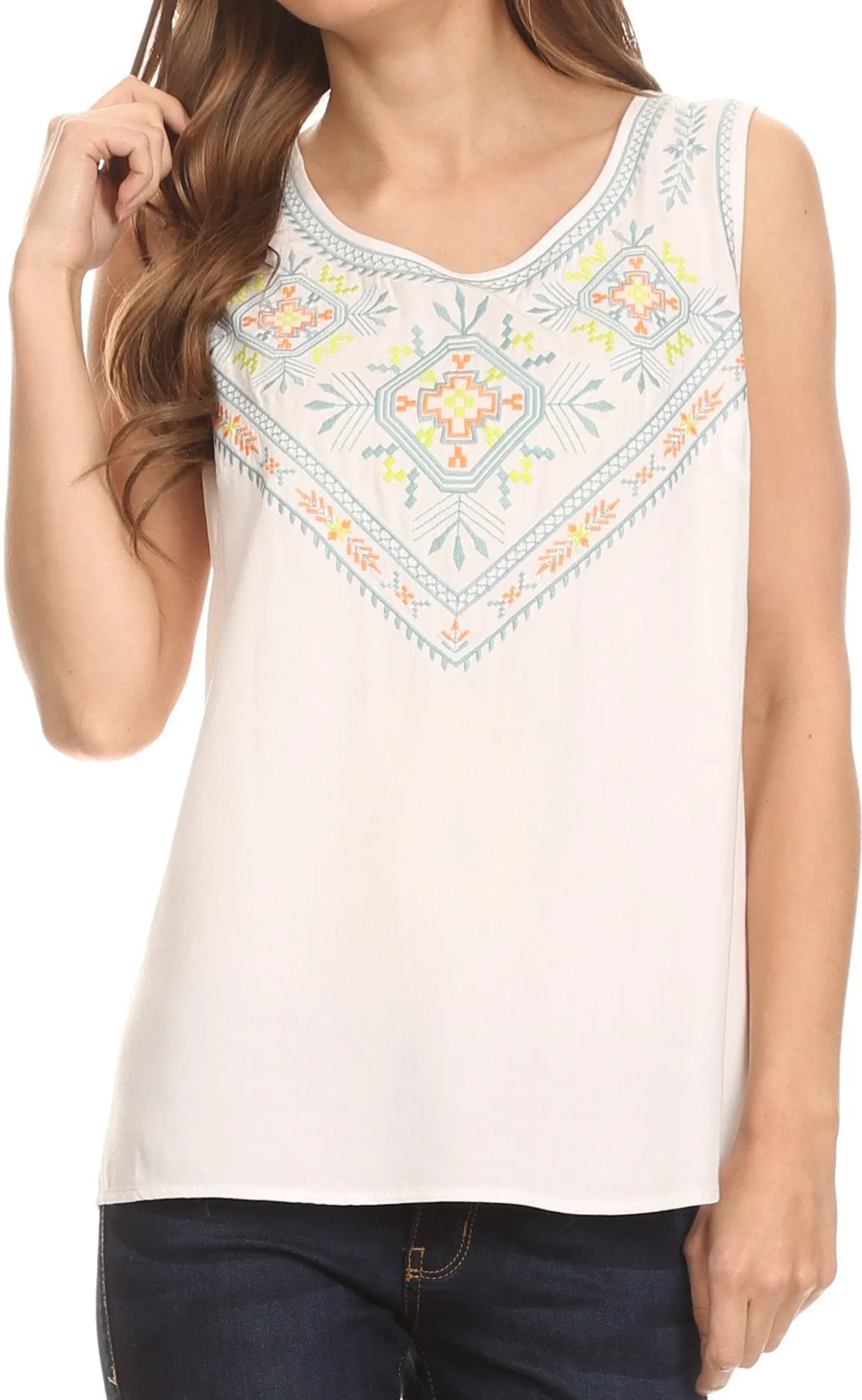 Sakkas Elita Sleeveless Tank Top Batik Aztec Embroidered Shirt Blouse