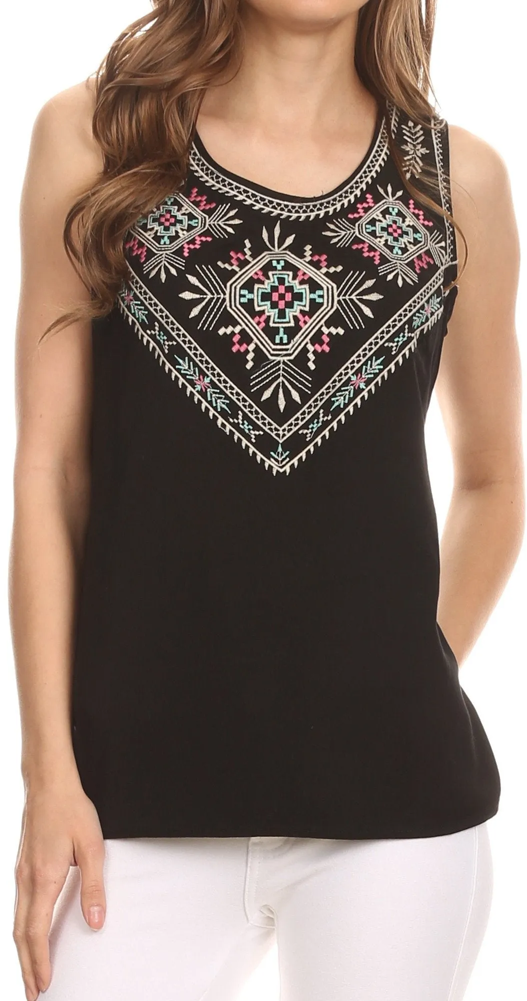 Sakkas Elita Sleeveless Tank Top Batik Aztec Embroidered Shirt Blouse