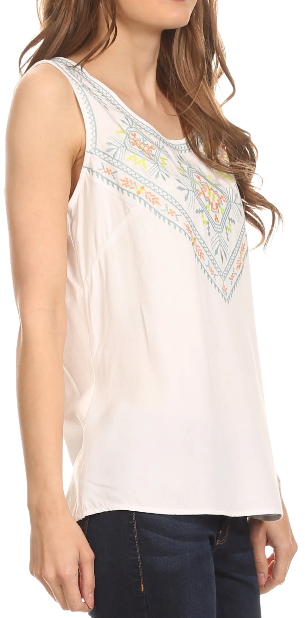 Sakkas Elita Sleeveless Tank Top Batik Aztec Embroidered Shirt Blouse