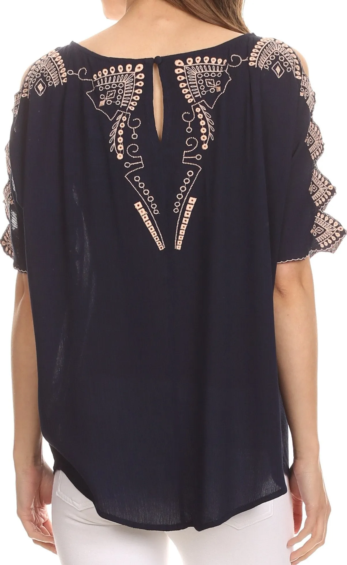 Sakkas Enya Batik Wide Scoop Neck Blouse Shirt Top Open Sleeves