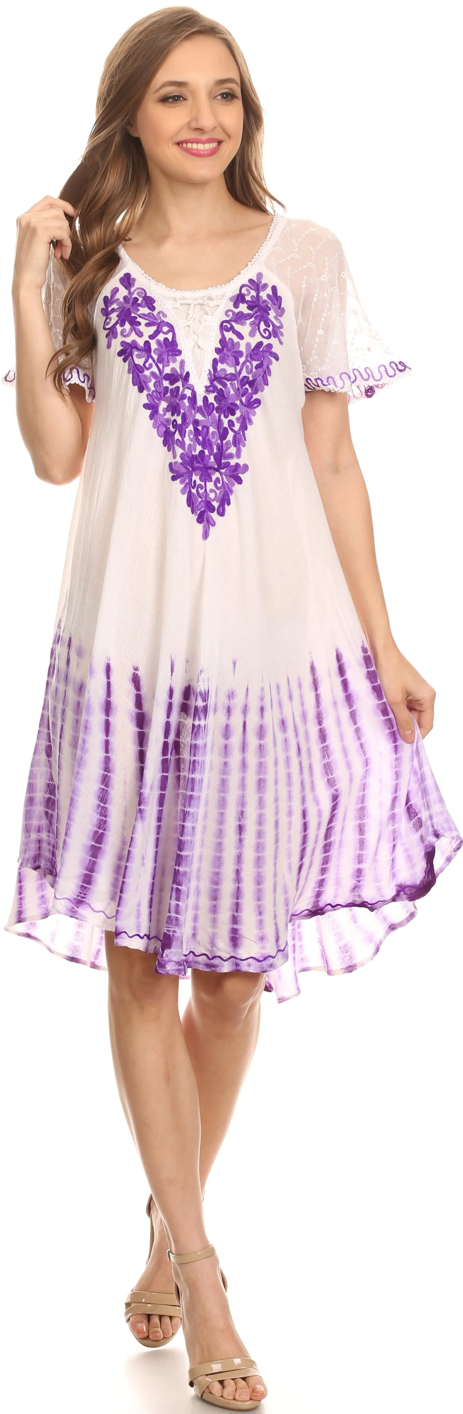 Sakkas Francea Mid Length Caftan Embroidered Cap Sleeves Dress / Cover Up