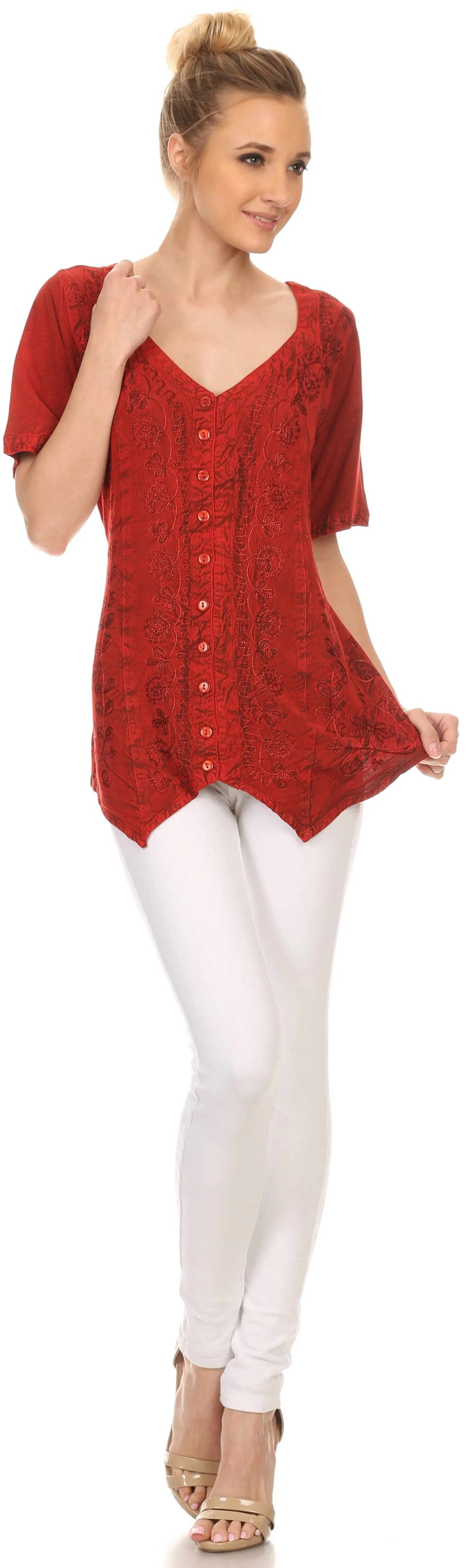 Sakkas Klaniya V Neck Button Down Embroidered Short Sleeve Light Blouse Shirt Top