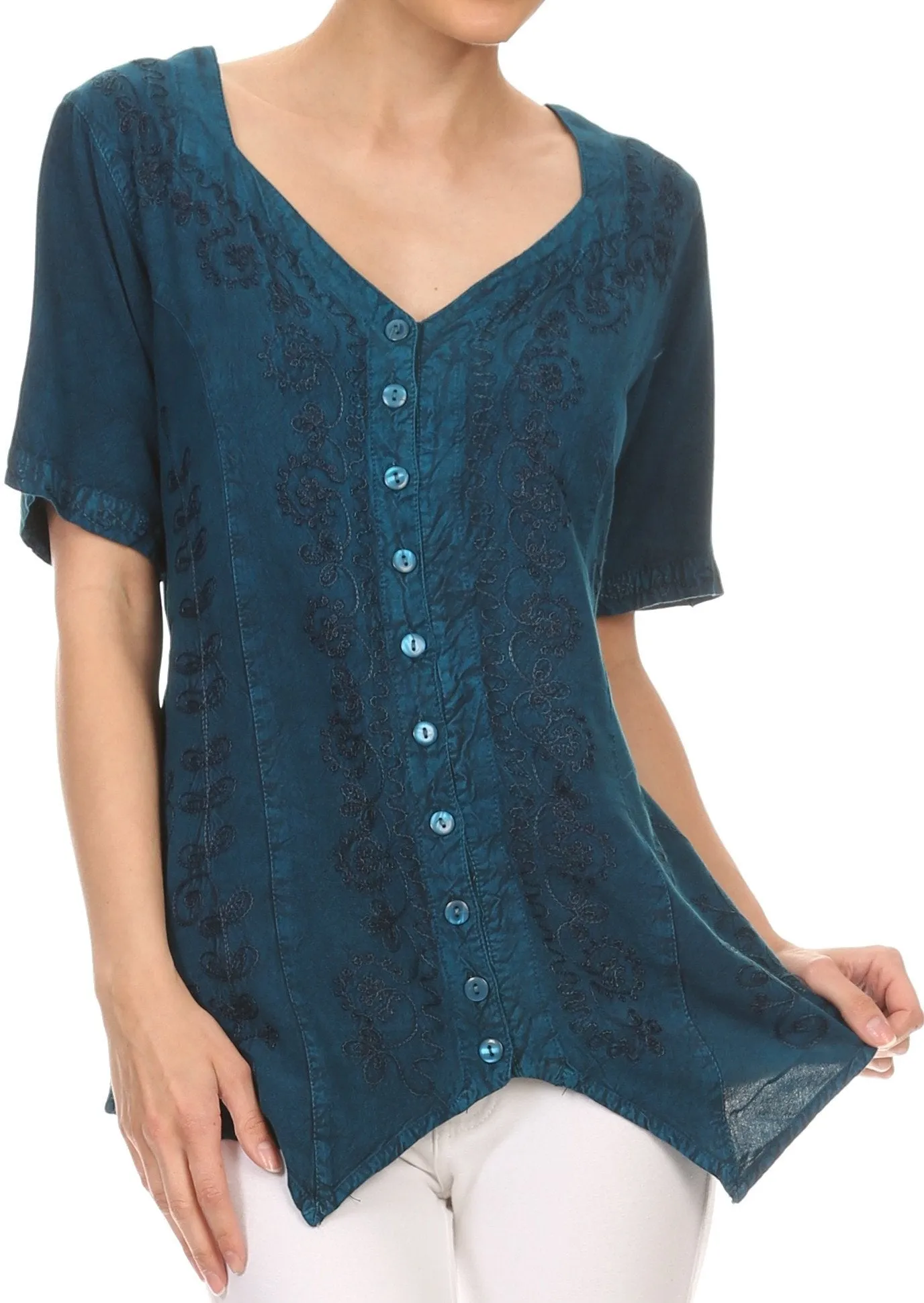 Sakkas Klaniya V Neck Button Down Embroidered Short Sleeve Light Blouse Shirt Top