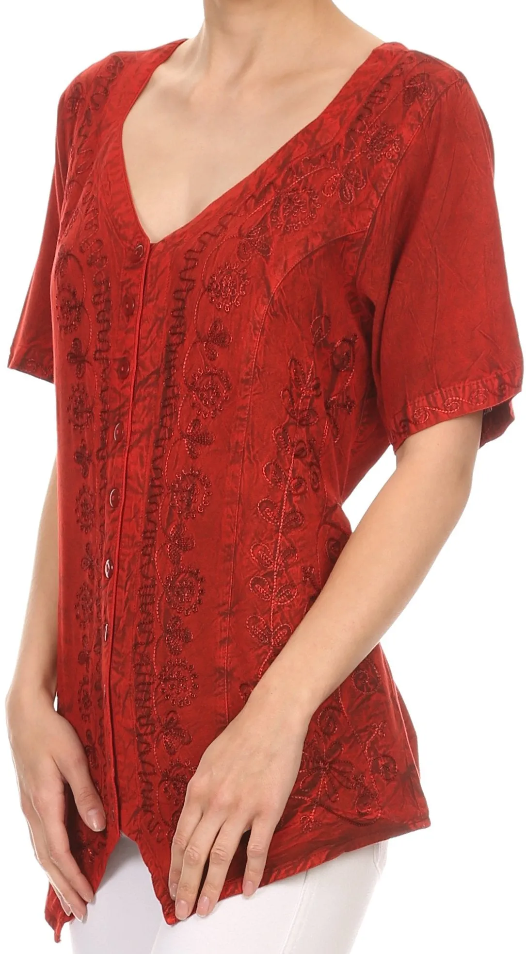 Sakkas Klaniya V Neck Button Down Embroidered Short Sleeve Light Blouse Shirt Top