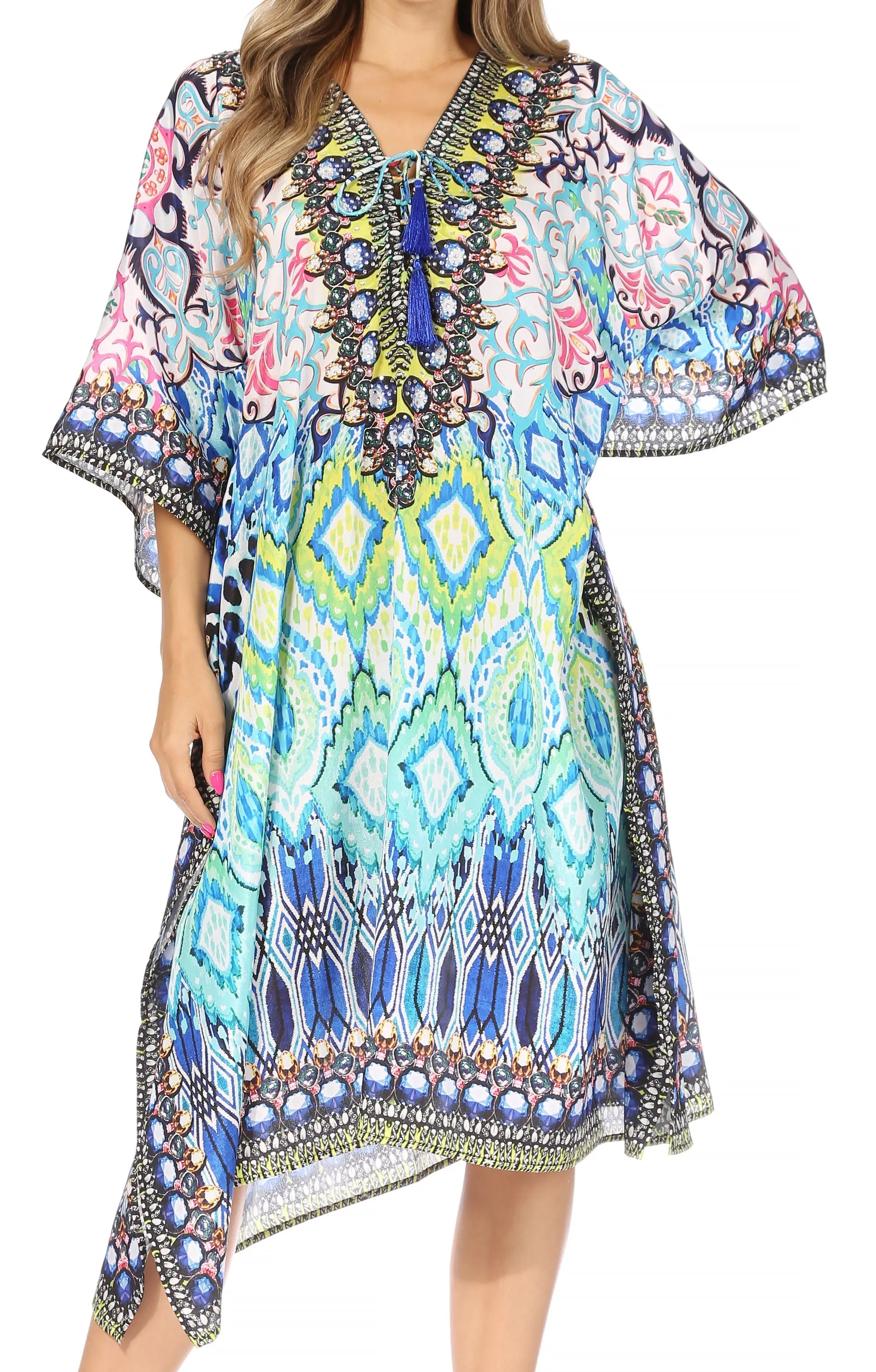 Sakkas Kristy Long Tall Lightweight Caftan Dress / Cover Up With V-Neck Jewels