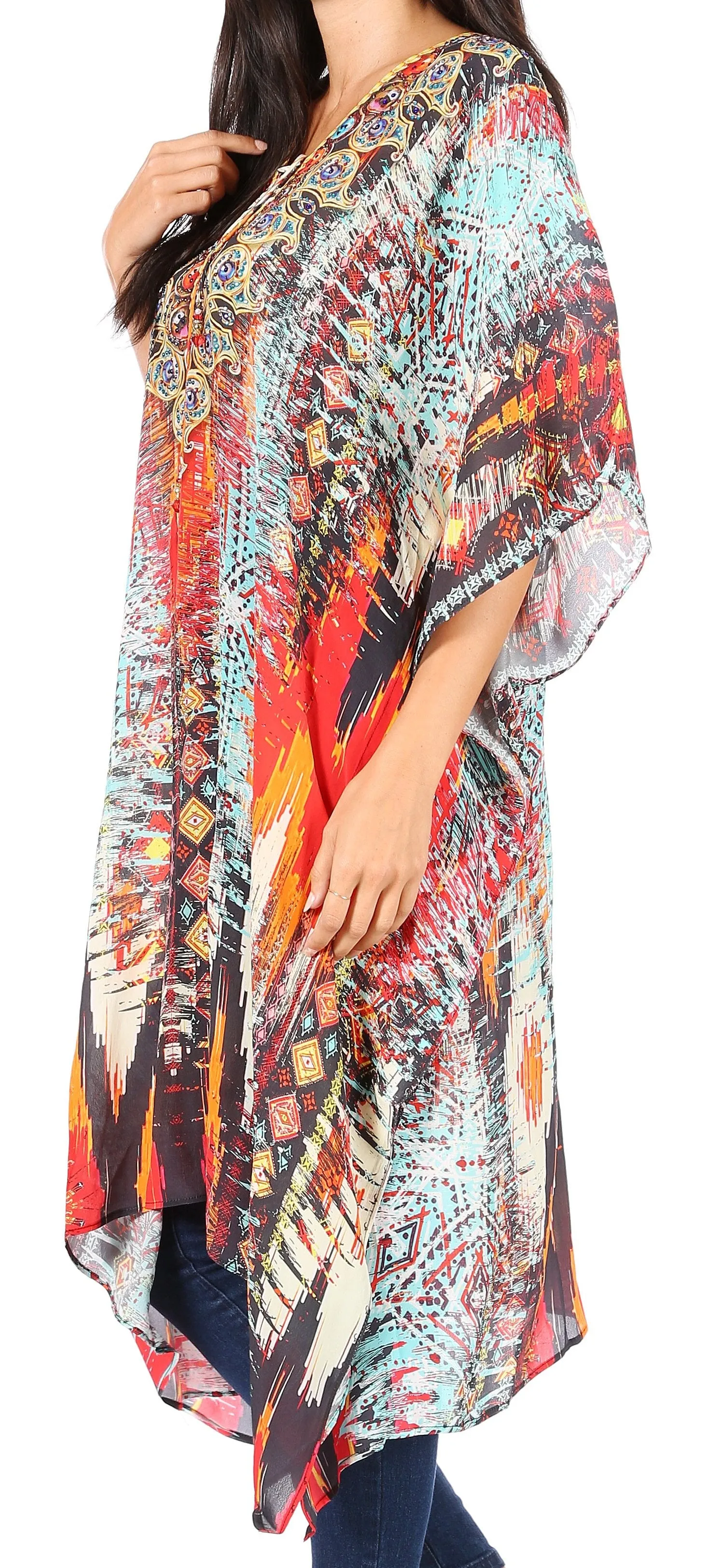 Sakkas Kristy Long Tall Lightweight Caftan Dress / Cover Up With V-Neck Jewels