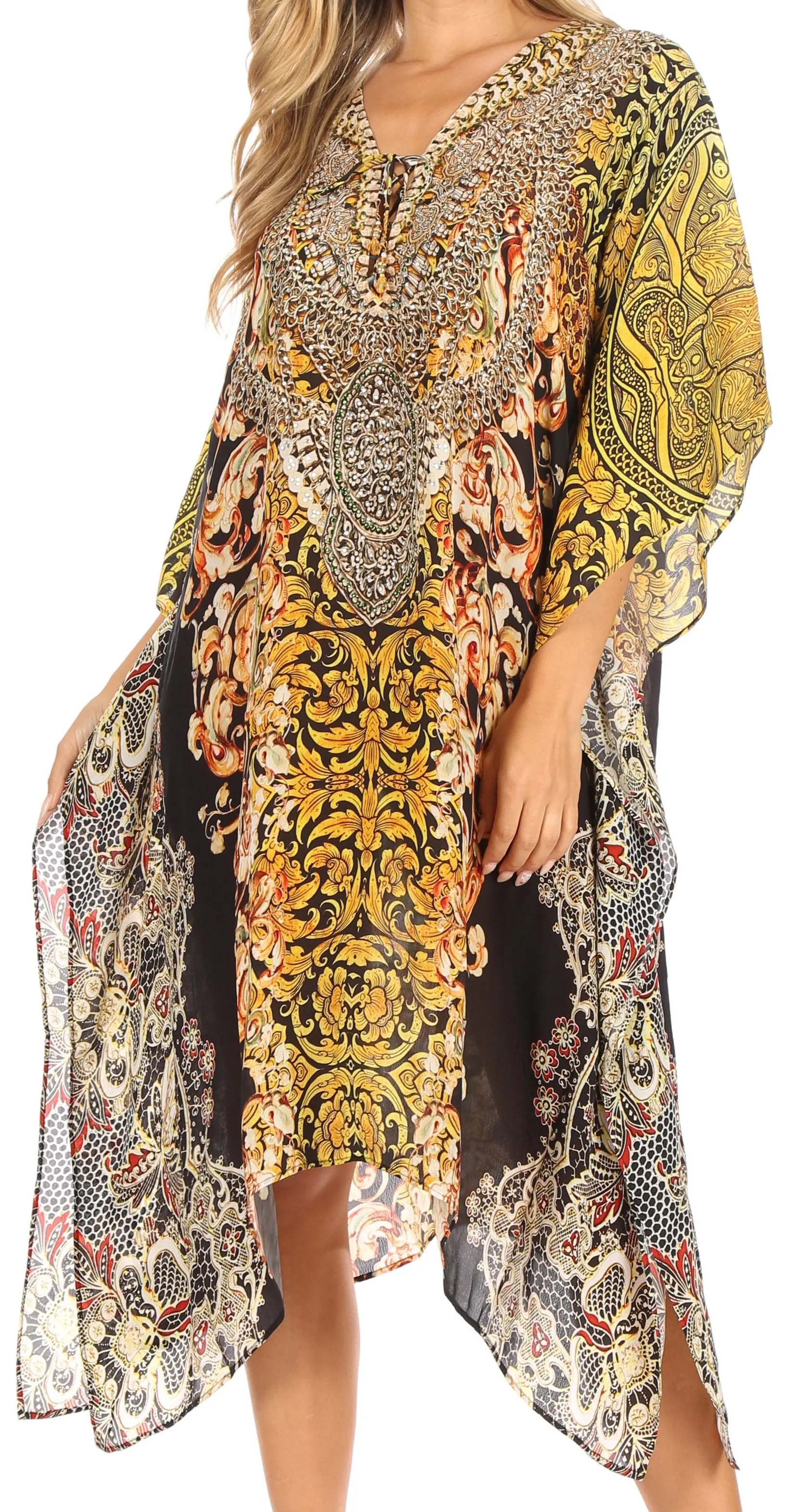 Sakkas Kristy Long Tall Lightweight Caftan Dress / Cover Up With V-Neck Jewels