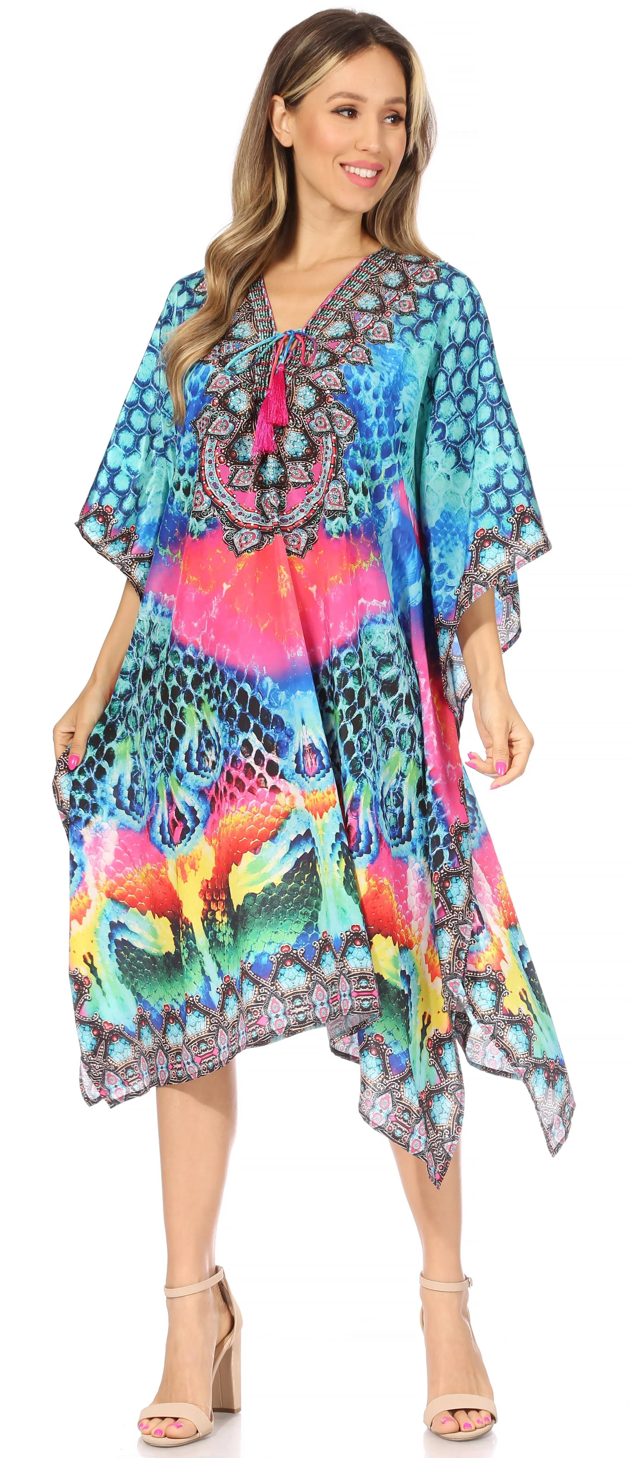 Sakkas Kristy Long Tall Lightweight Caftan Dress / Cover Up With V-Neck Jewels