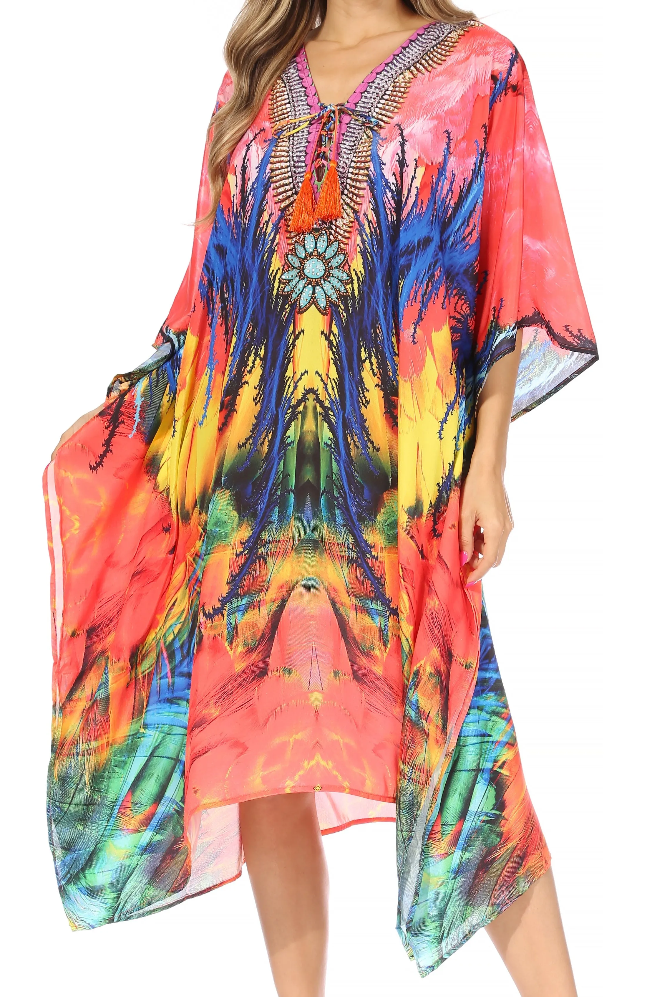 Sakkas Kristy Long Tall Lightweight Caftan Dress / Cover Up With V-Neck Jewels