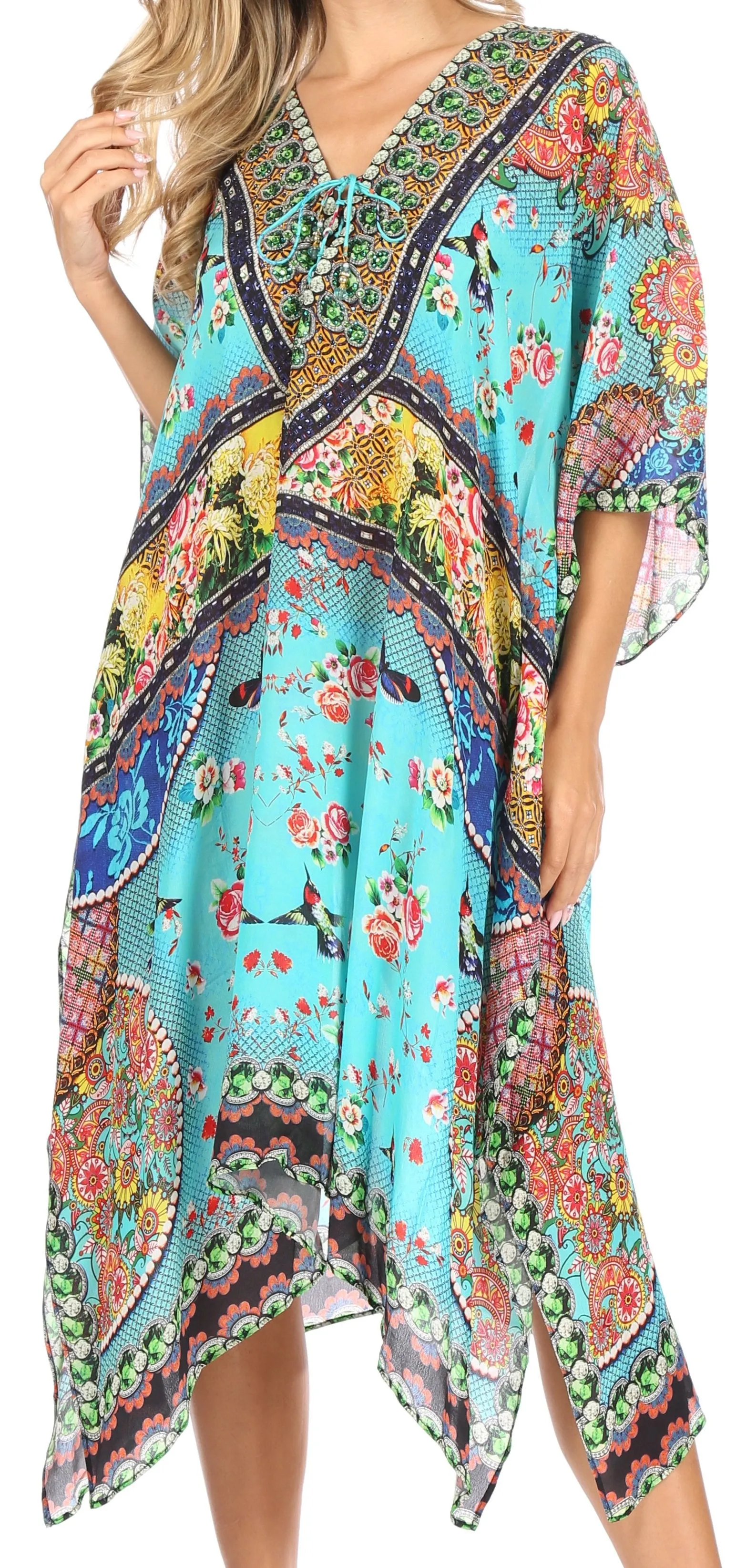 Sakkas Kristy Long Tall Lightweight Caftan Dress / Cover Up With V-Neck Jewels