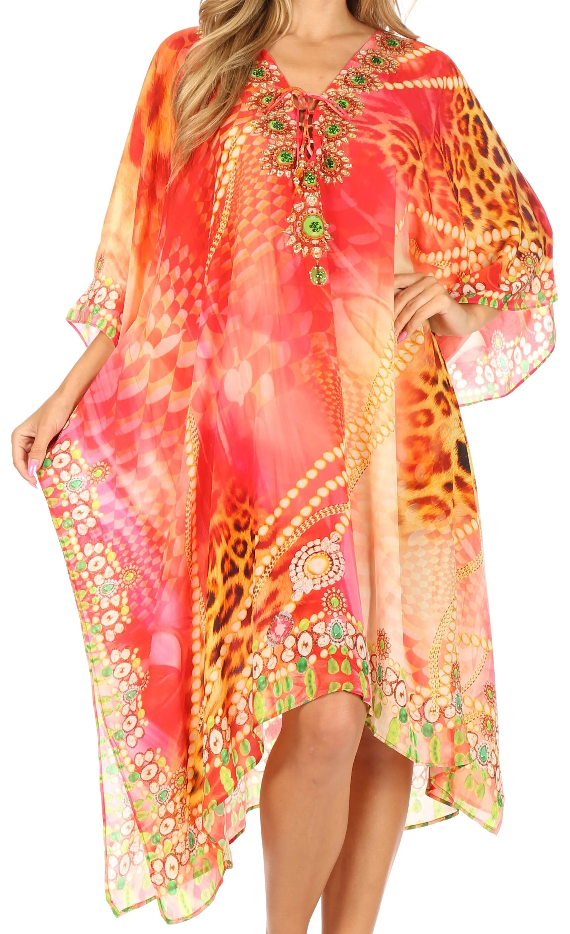 Sakkas Kristy Long Tall Lightweight Caftan Dress / Cover Up With V-Neck Jewels