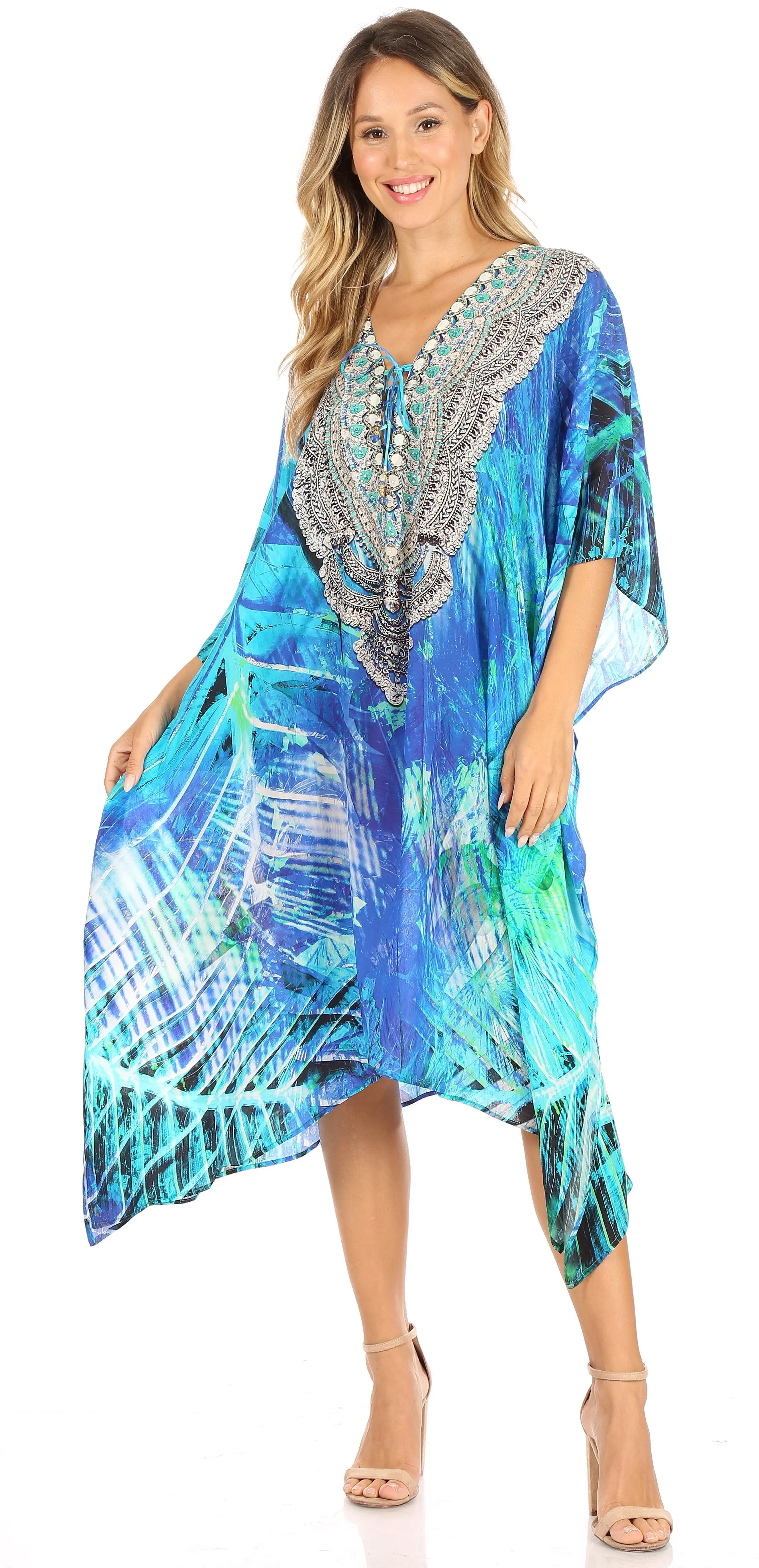 Sakkas Kristy Long Tall Lightweight Caftan Dress / Cover Up With V-Neck Jewels