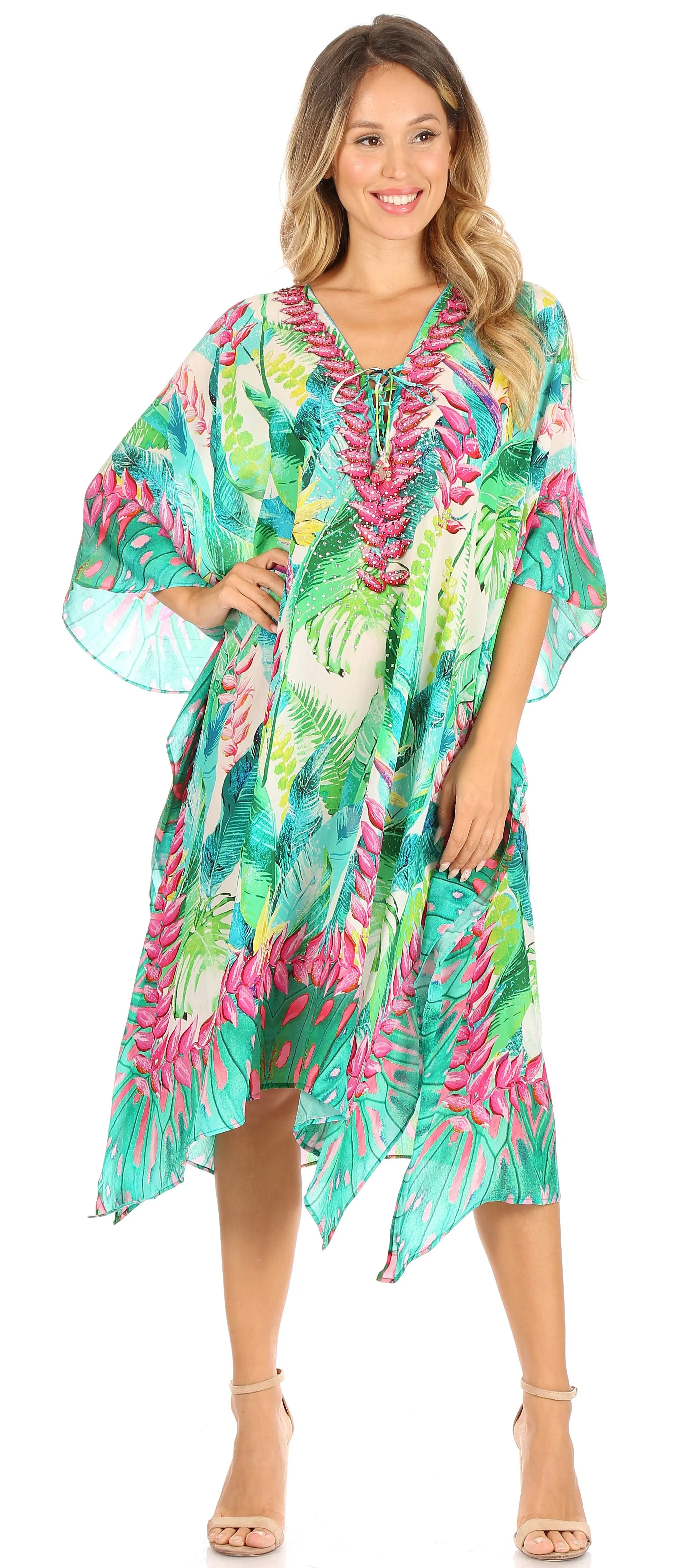 Sakkas Kristy Long Tall Lightweight Caftan Dress / Cover Up With V-Neck Jewels