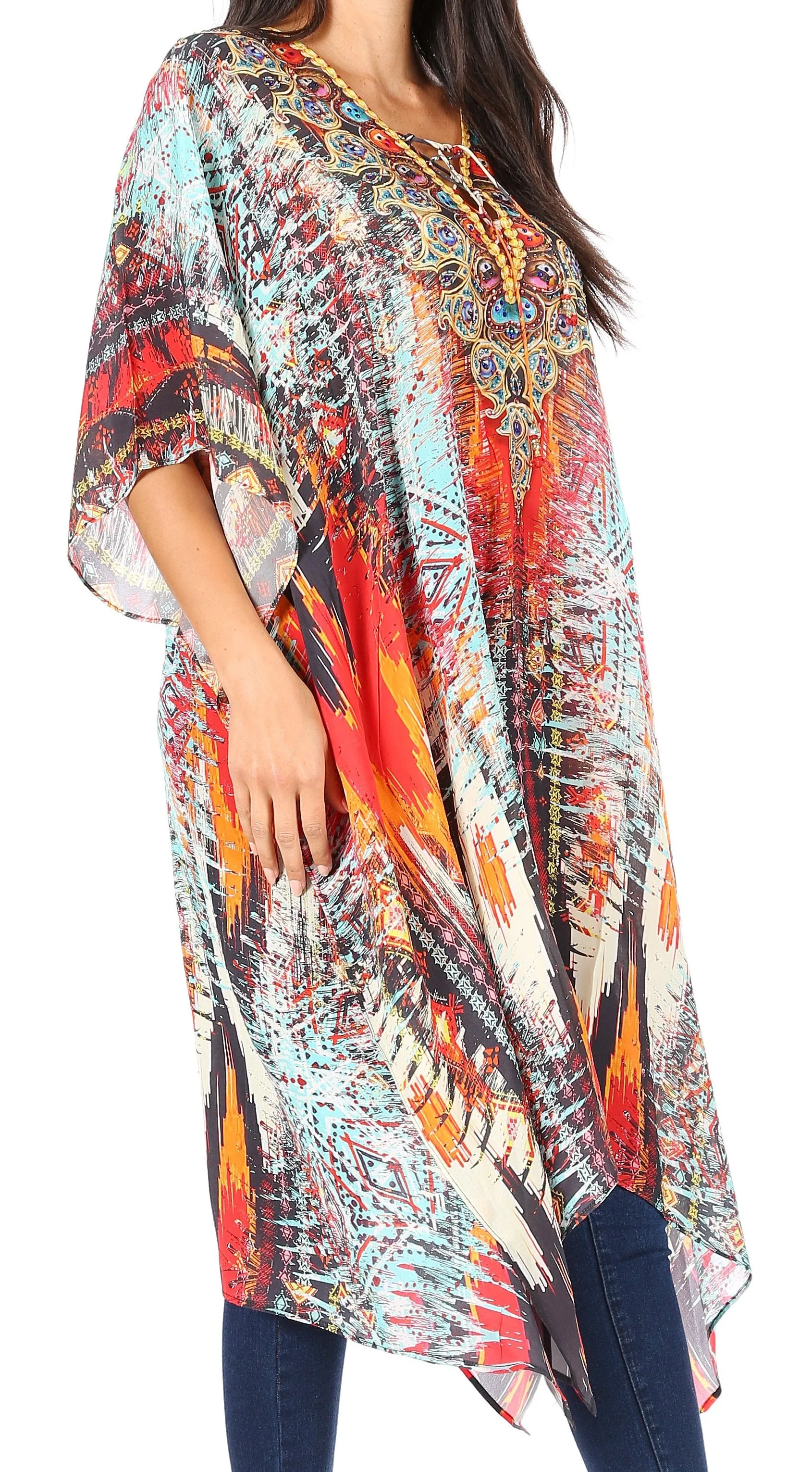 Sakkas Kristy Long Tall Lightweight Caftan Dress / Cover Up With V-Neck Jewels