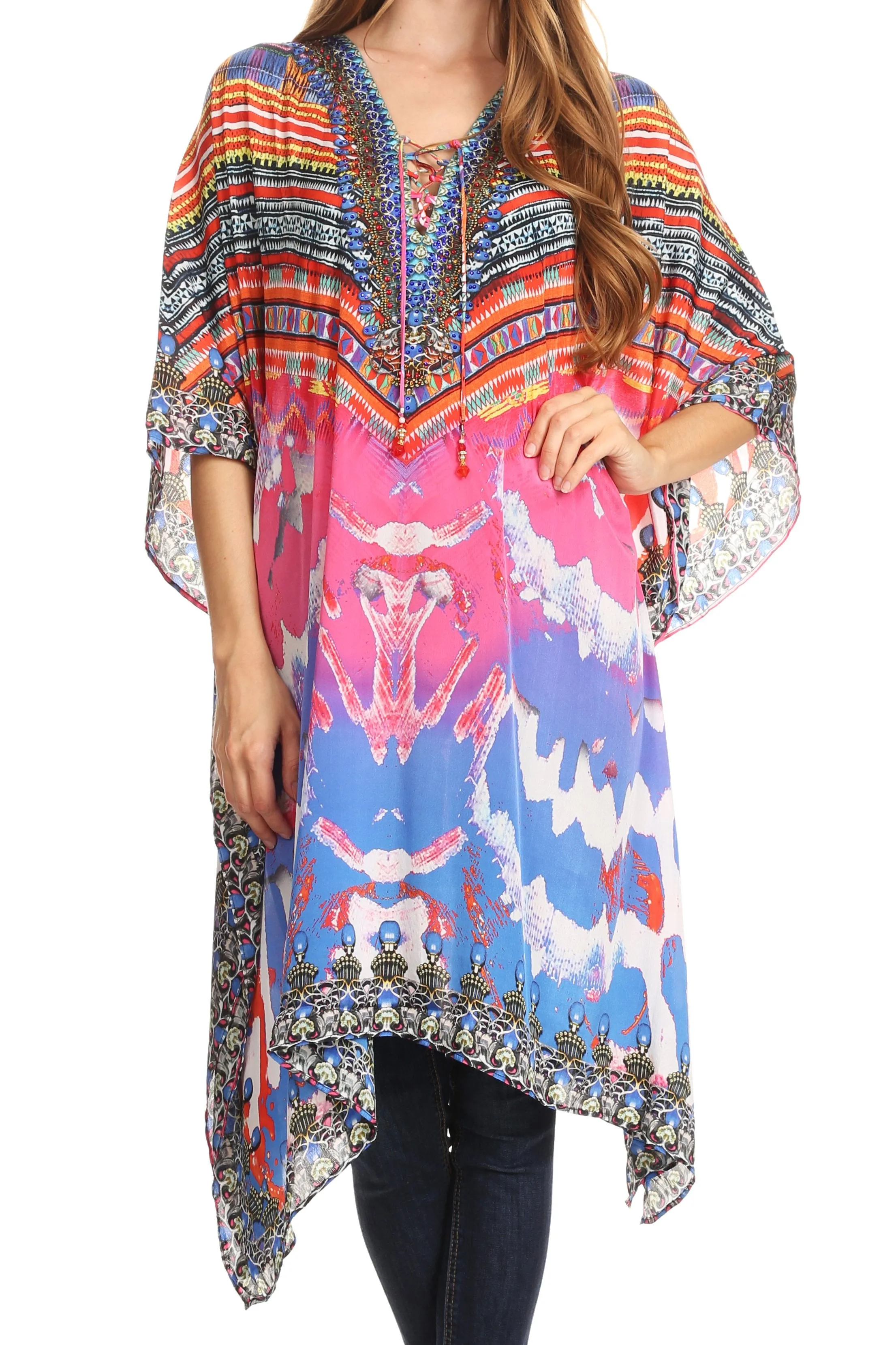 Sakkas Kristy Long Tall Lightweight Caftan Dress / Cover Up With V-Neck Jewels