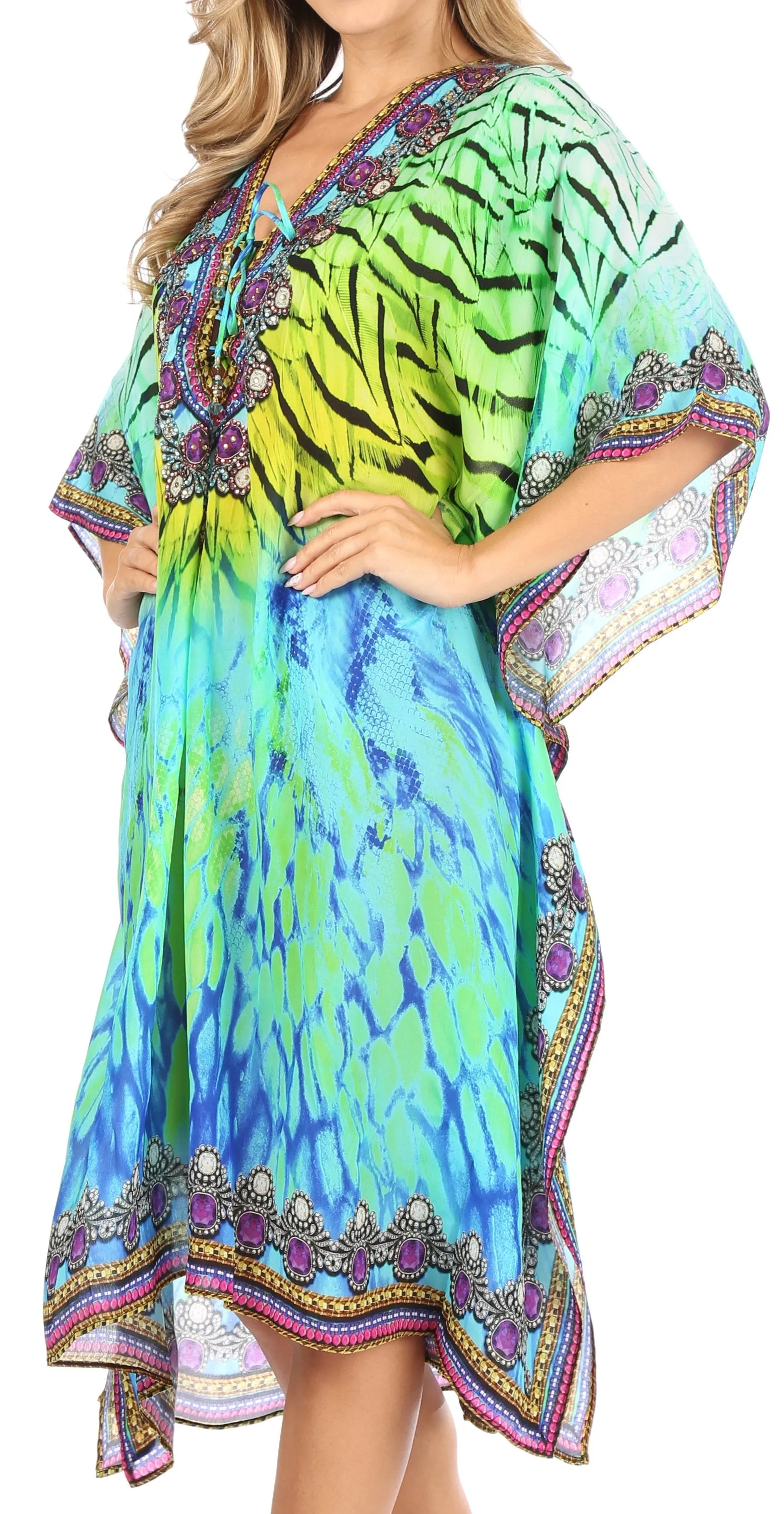 Sakkas Kristy Long Tall Lightweight Caftan Dress / Cover Up With V-Neck Jewels