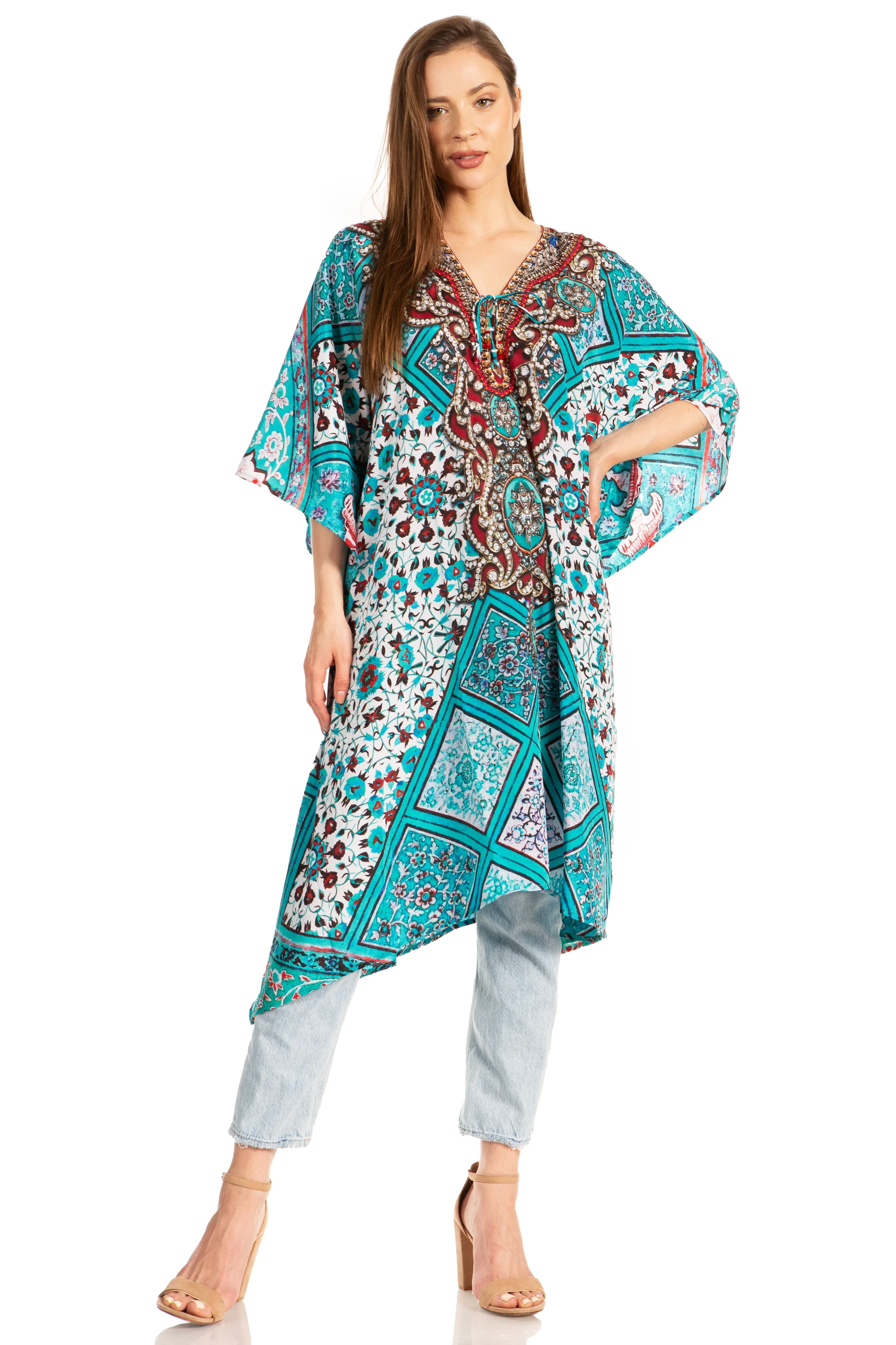 Sakkas Kristy Long Tall Lightweight Caftan Dress / Cover Up With V-Neck Jewels