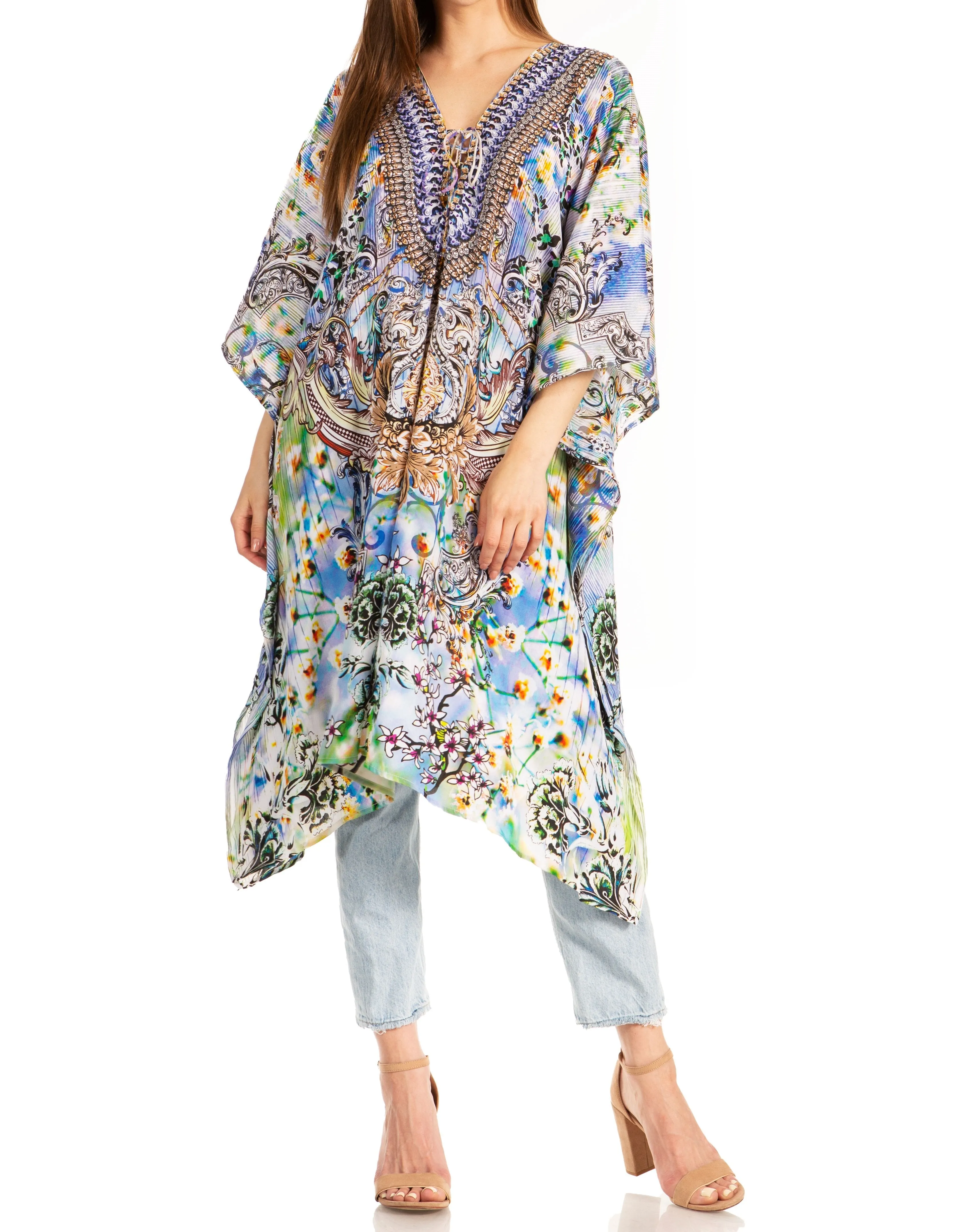 Sakkas Kristy Long Tall Lightweight Caftan Dress / Cover Up With V-Neck Jewels