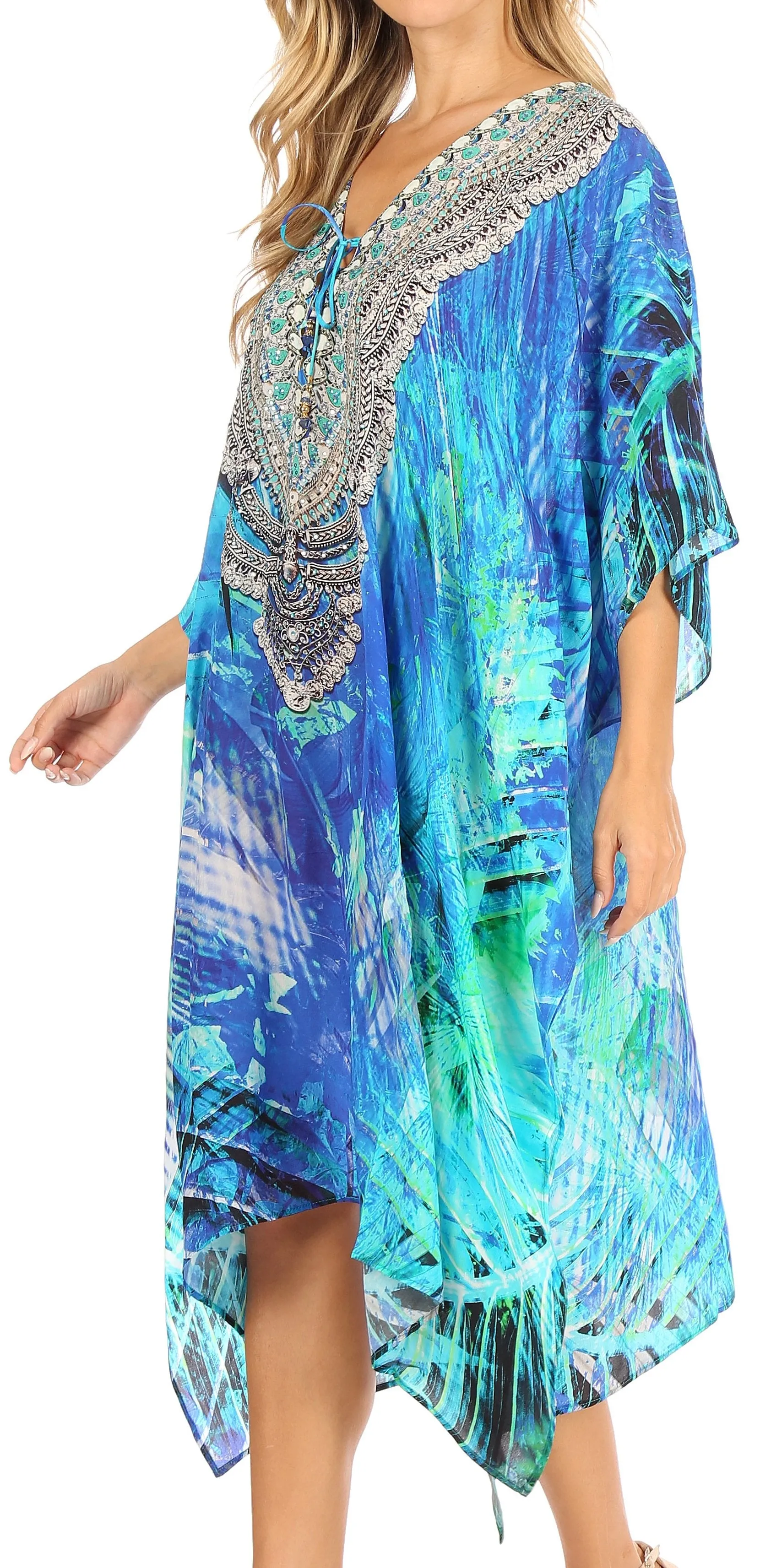 Sakkas Kristy Long Tall Lightweight Caftan Dress / Cover Up With V-Neck Jewels