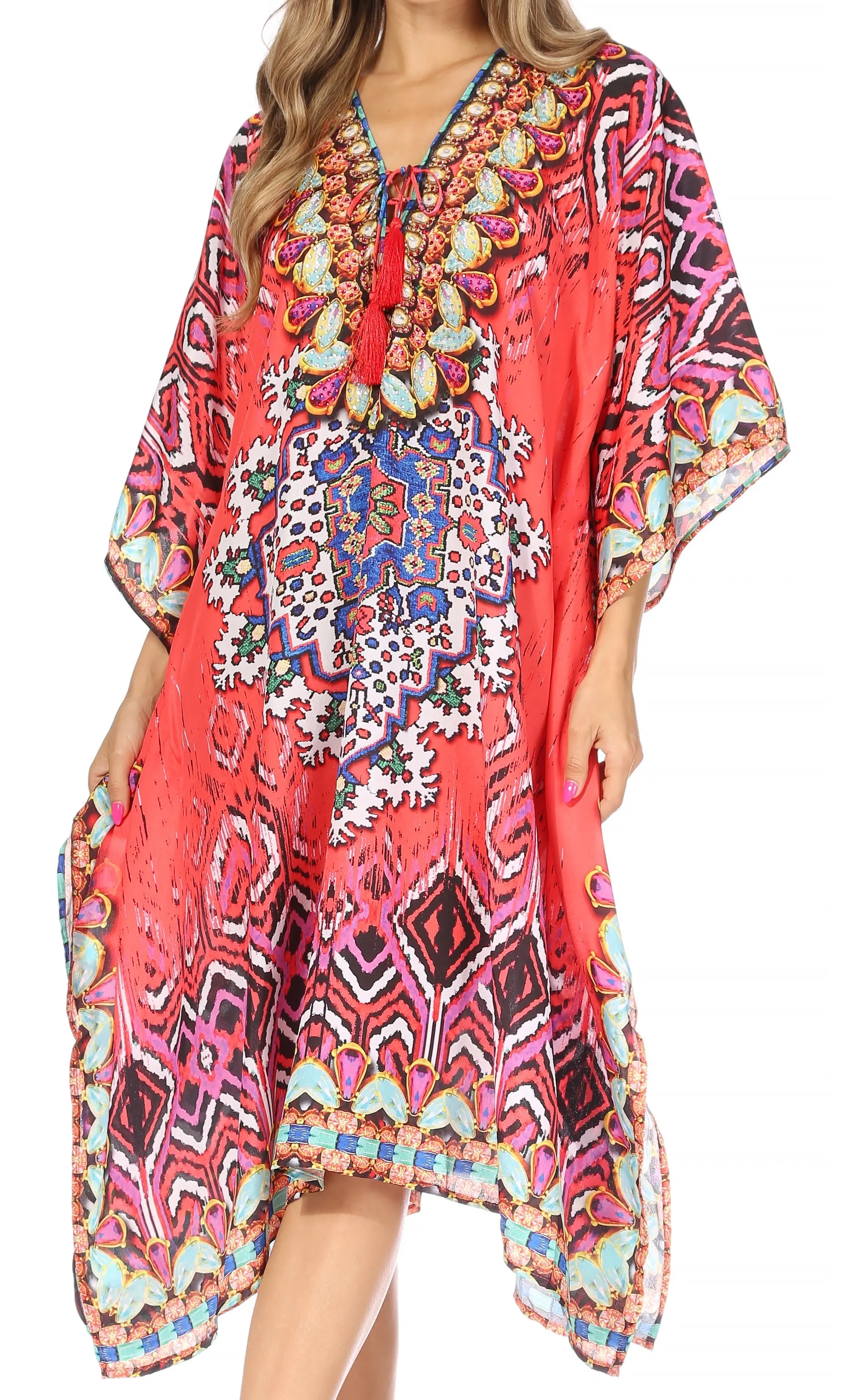 Sakkas Kristy Long Tall Lightweight Caftan Dress / Cover Up With V-Neck Jewels