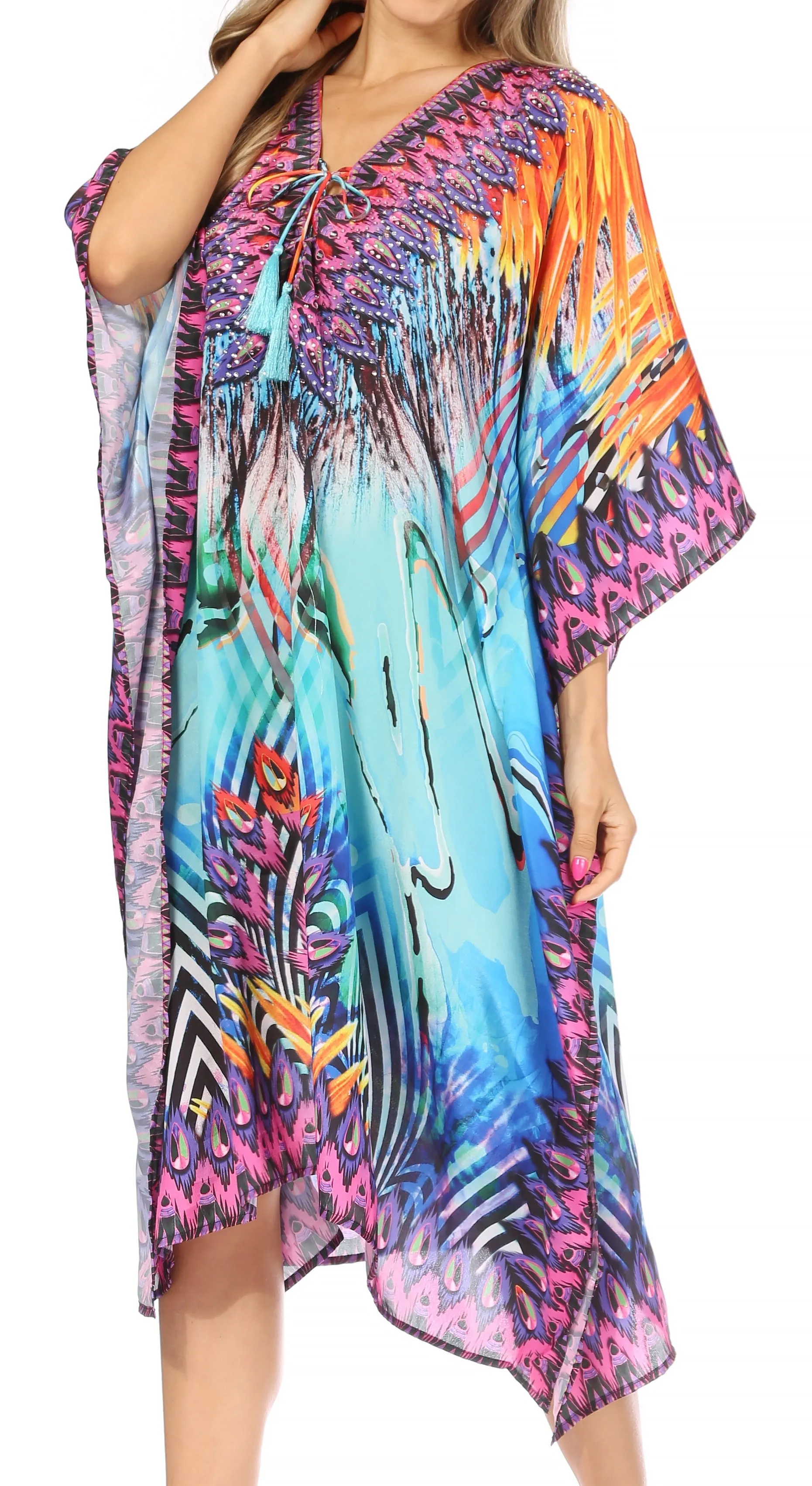 Sakkas Kristy Long Tall Lightweight Caftan Dress / Cover Up With V-Neck Jewels