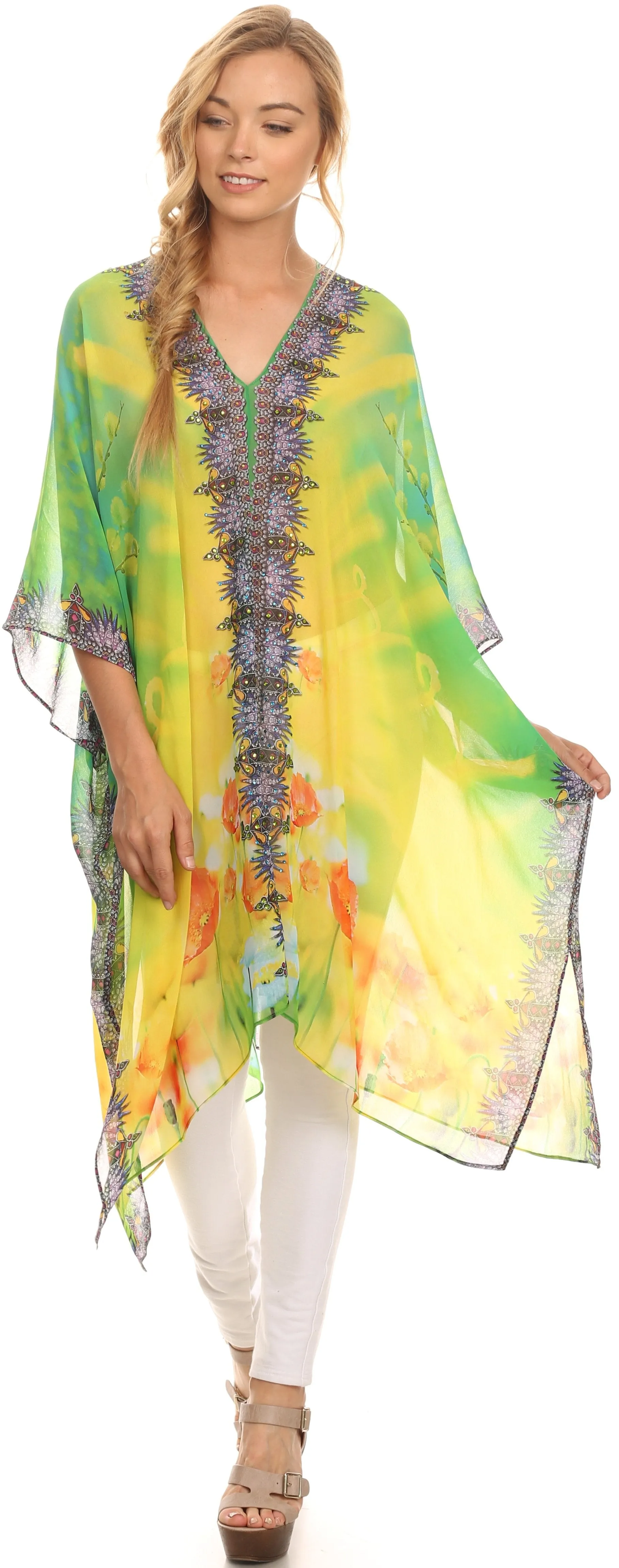 Sakkas Livi Scoop V Neck Wide Mid Length Caftan Dress / Cover Up