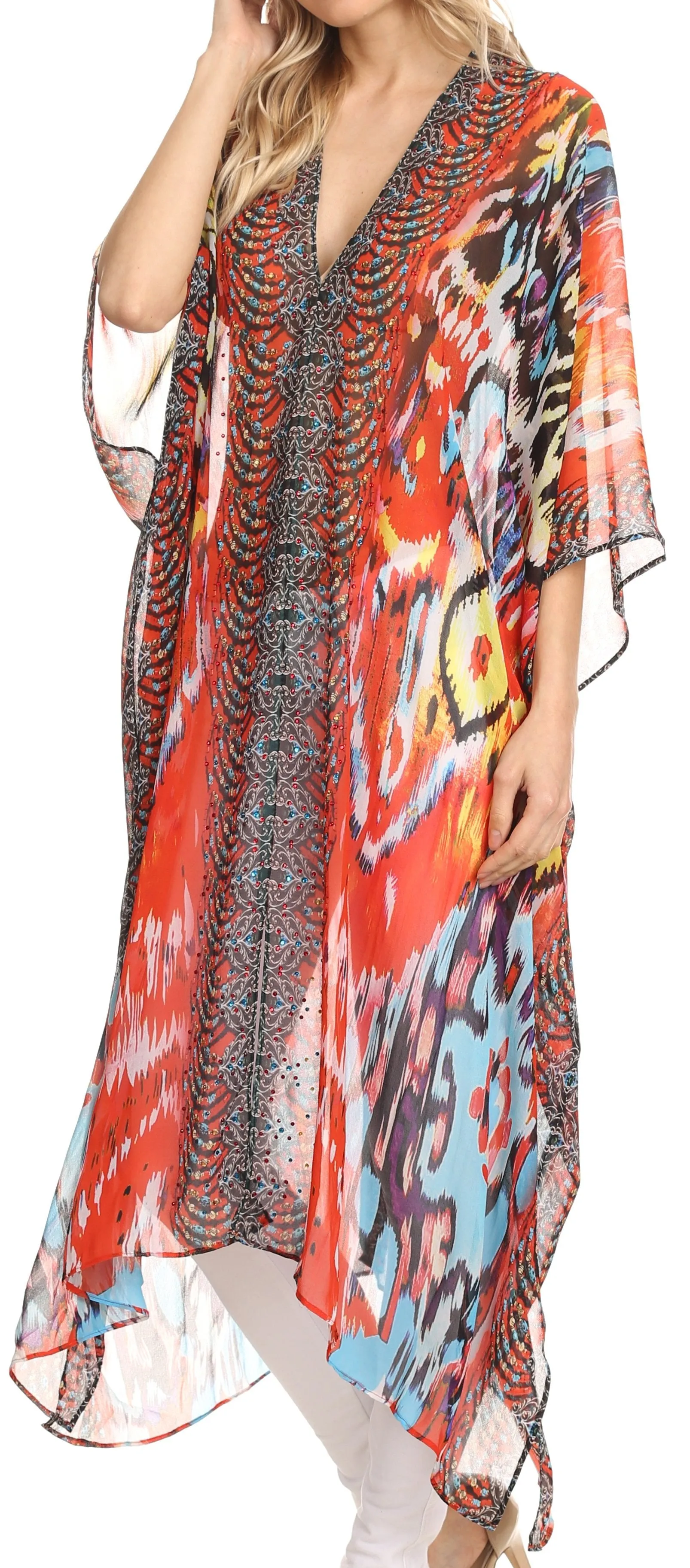 Sakkas Livi Scoop V Neck Wide Mid Length Caftan Dress / Cover Up