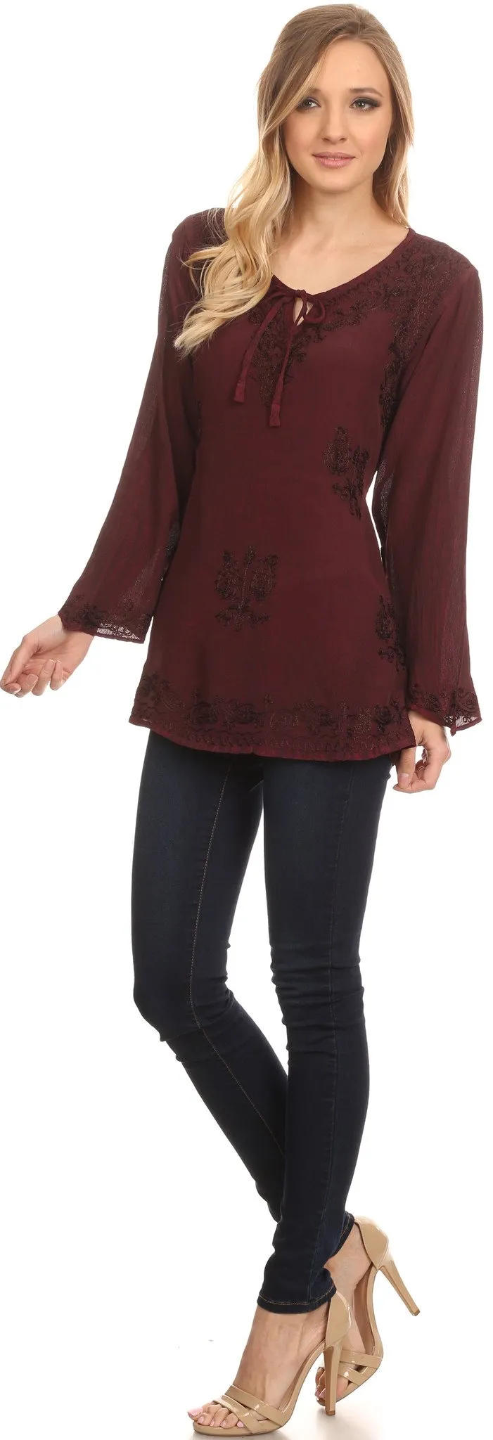 Sakkas Seena Long Sleeved Eyelet Adjustable Straps Embroidered Blouse Shirt Top