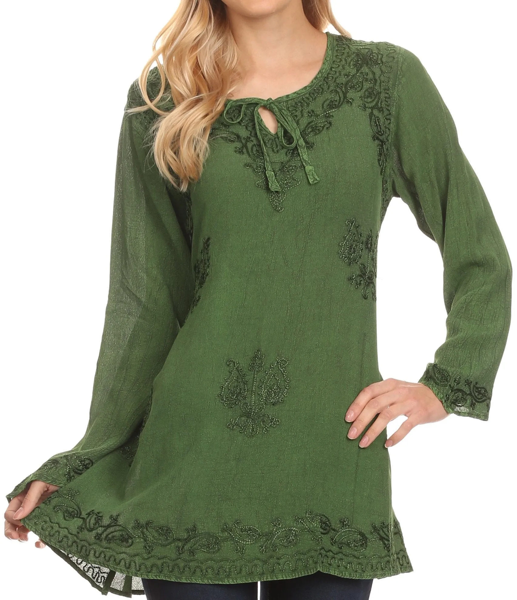 Sakkas Seena Long Sleeved Eyelet Adjustable Straps Embroidered Blouse Shirt Top