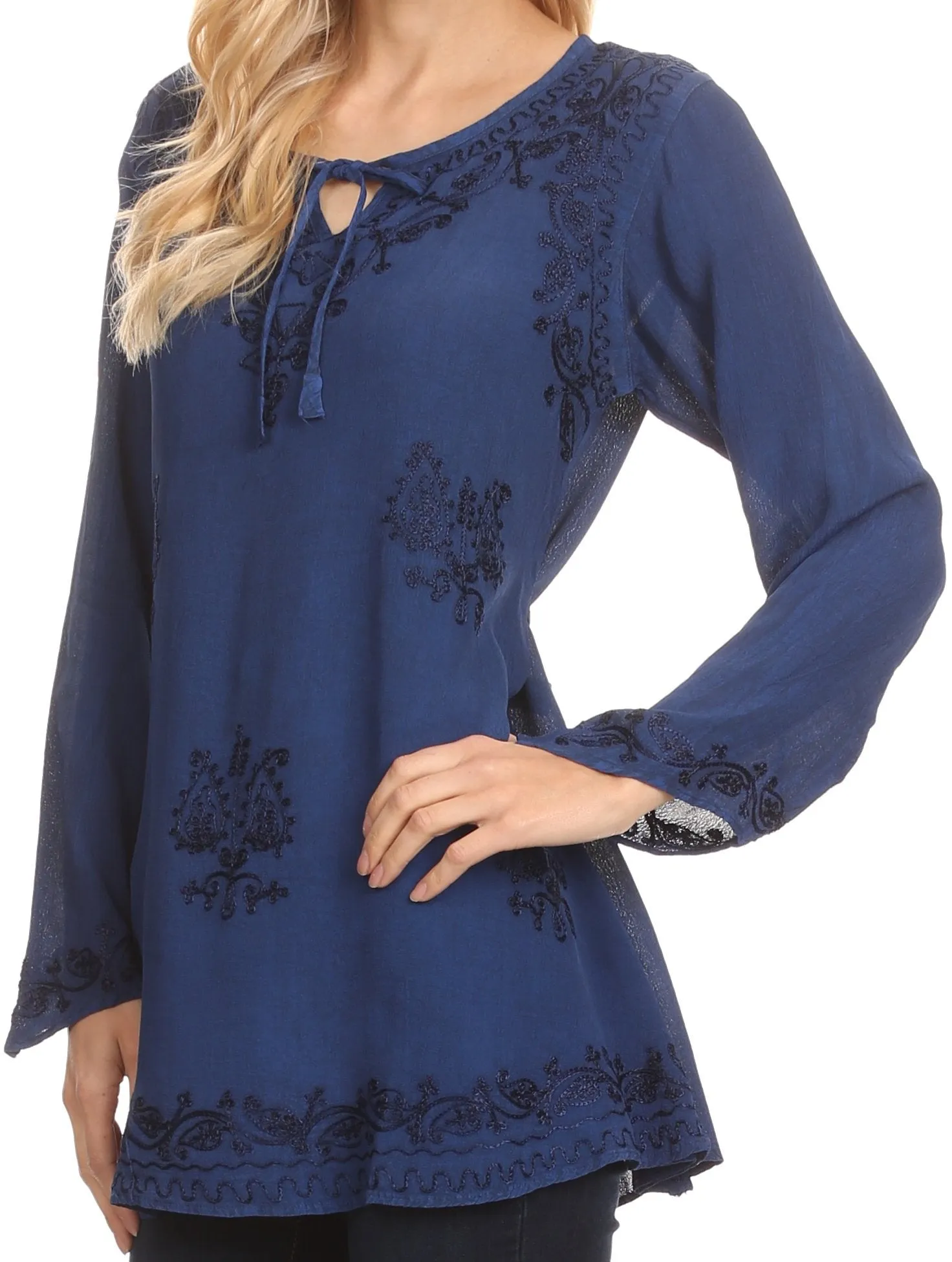 Sakkas Seena Long Sleeved Eyelet Adjustable Straps Embroidered Blouse Shirt Top