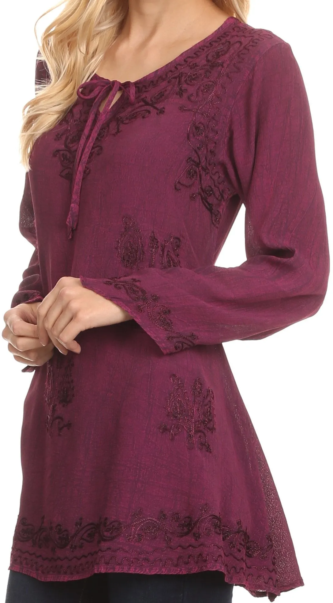 Sakkas Seena Long Sleeved Eyelet Adjustable Straps Embroidered Blouse Shirt Top