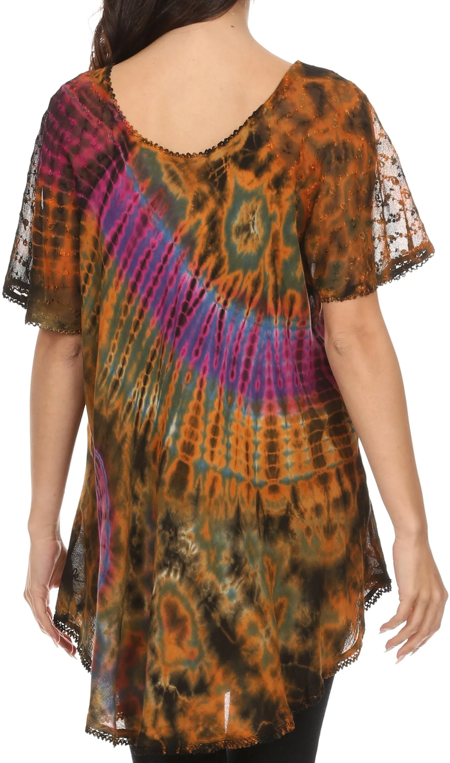 Sakkas Splenka Long Tie Dye Embroidered Corset Neck Cap Sleeve Blouse Shirt Top