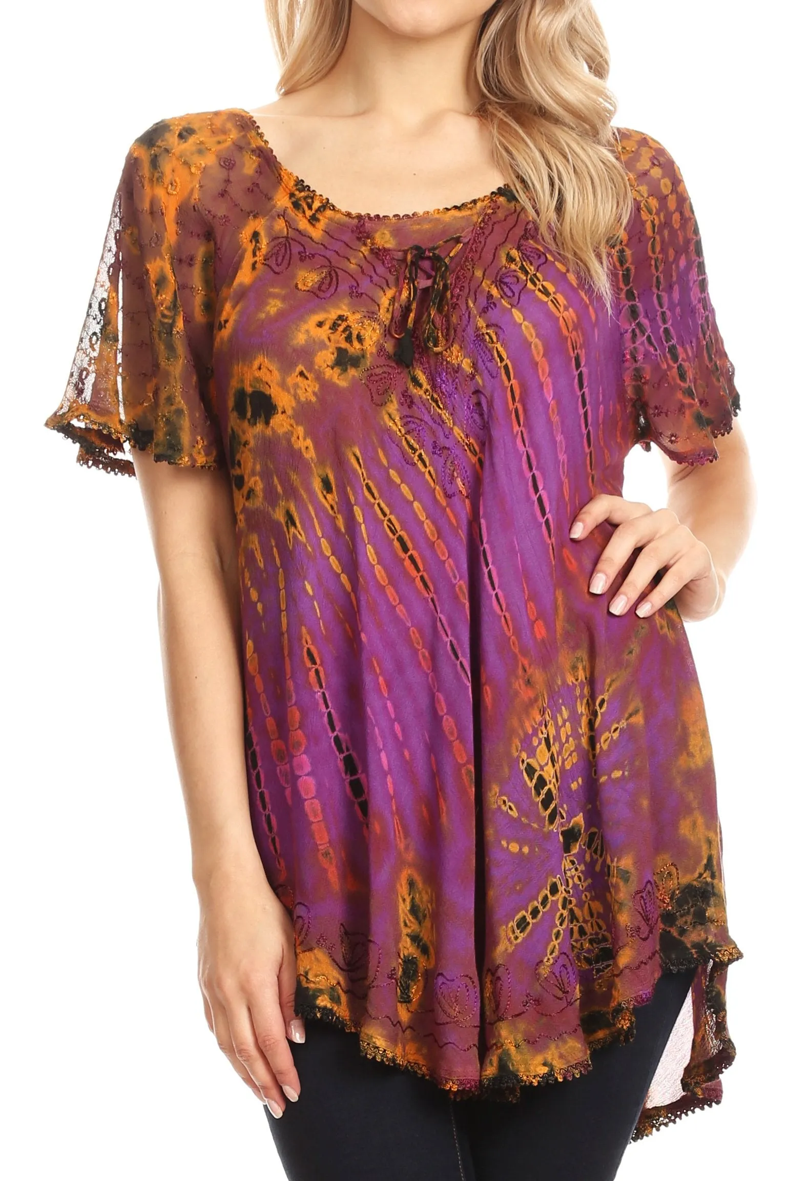 Sakkas Splenka Long Tie Dye Embroidered Corset Neck Cap Sleeve Blouse Shirt Top