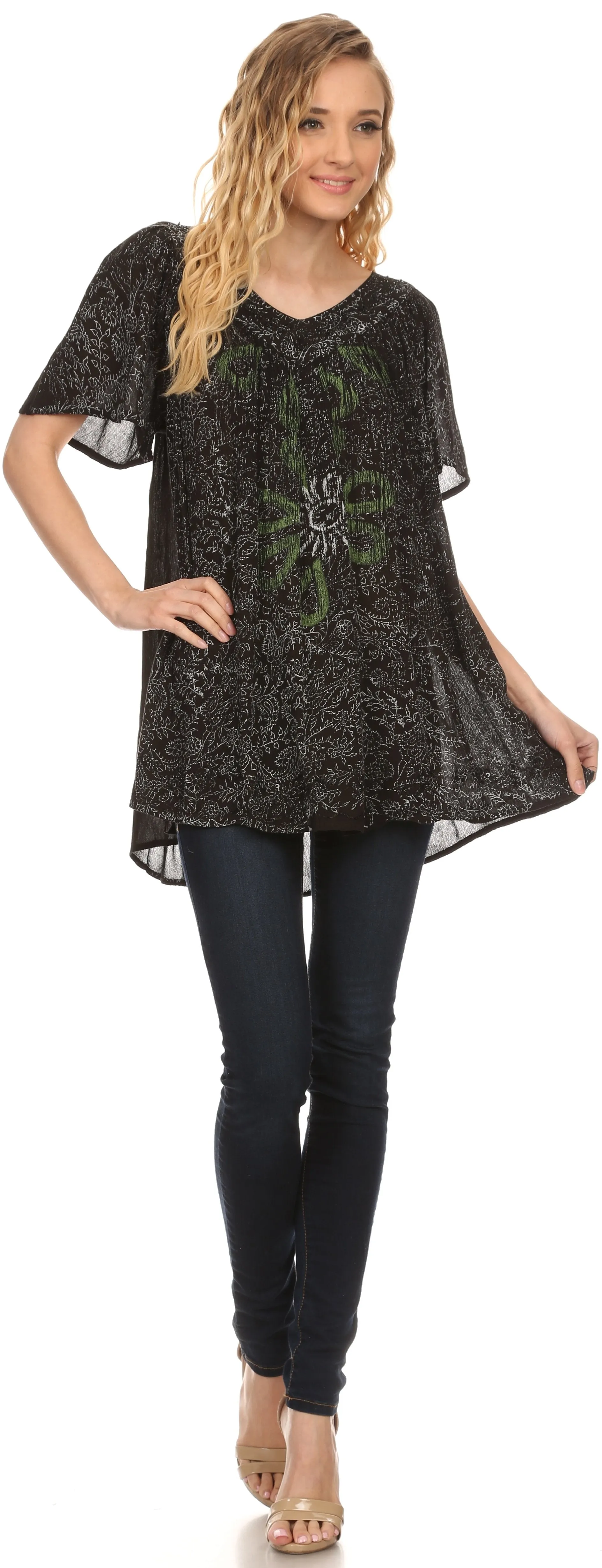 Sakkas Talulla Long V Neck Batik Floral Leaf Embroidered Printed Blouse Shirt Top