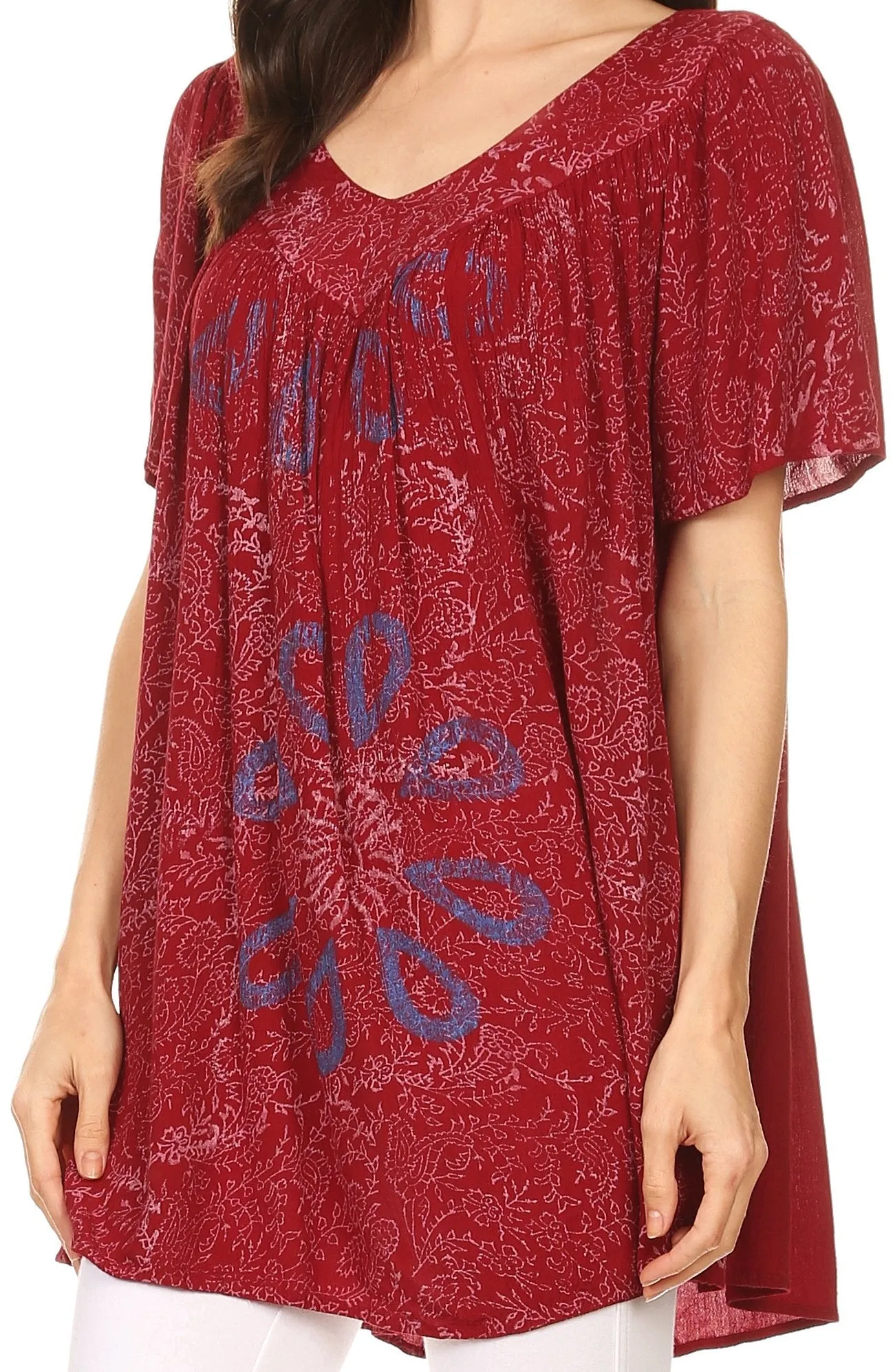 Sakkas Talulla Long V Neck Batik Floral Leaf Embroidered Printed Blouse Shirt Top