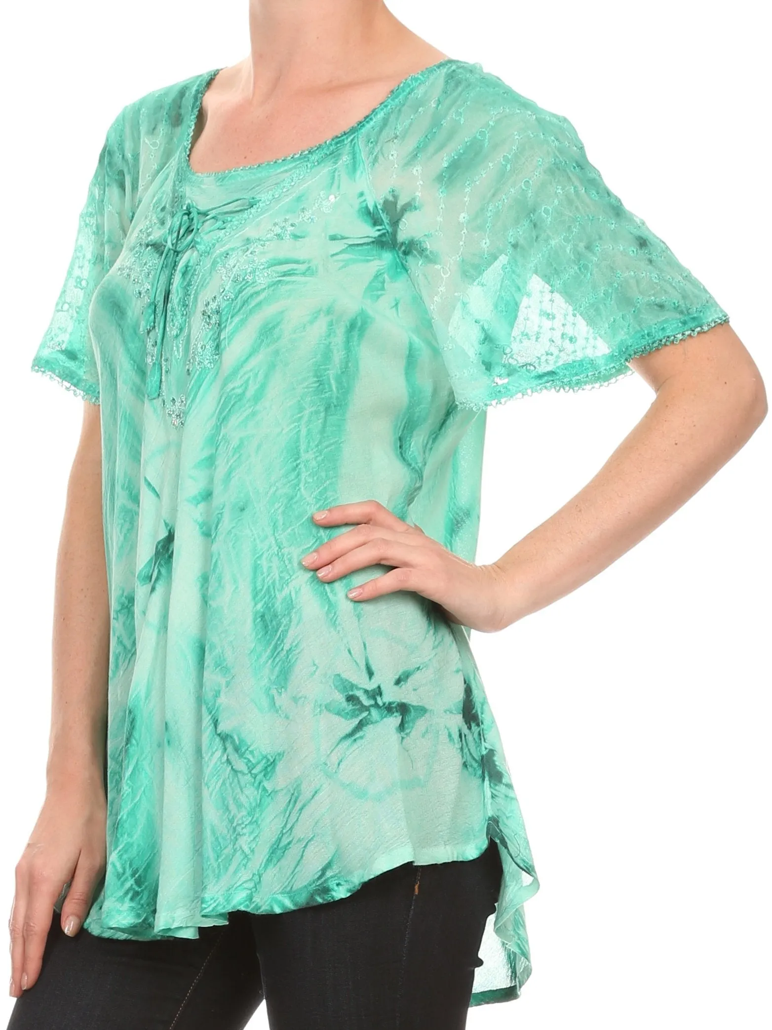 Sakkas Taylay Ombre Tie Dye Batik Long Embroidered Corset Neck Blouse Shirt Top