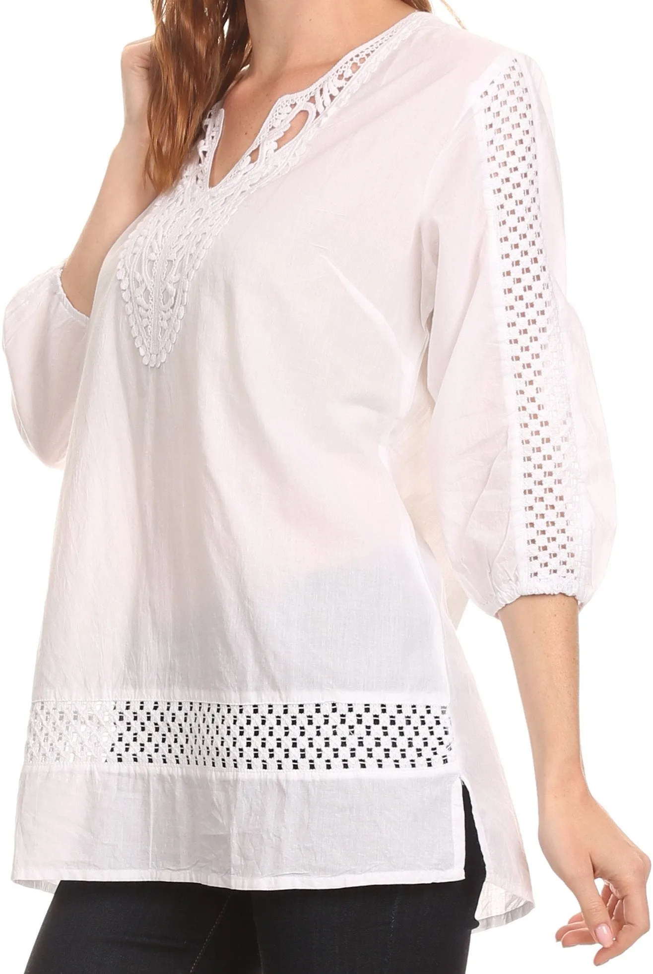 Sakkas Velga Embroidered 3/4 Length Sleeves Crochet V Neck Tunic Blouse Shirt Top