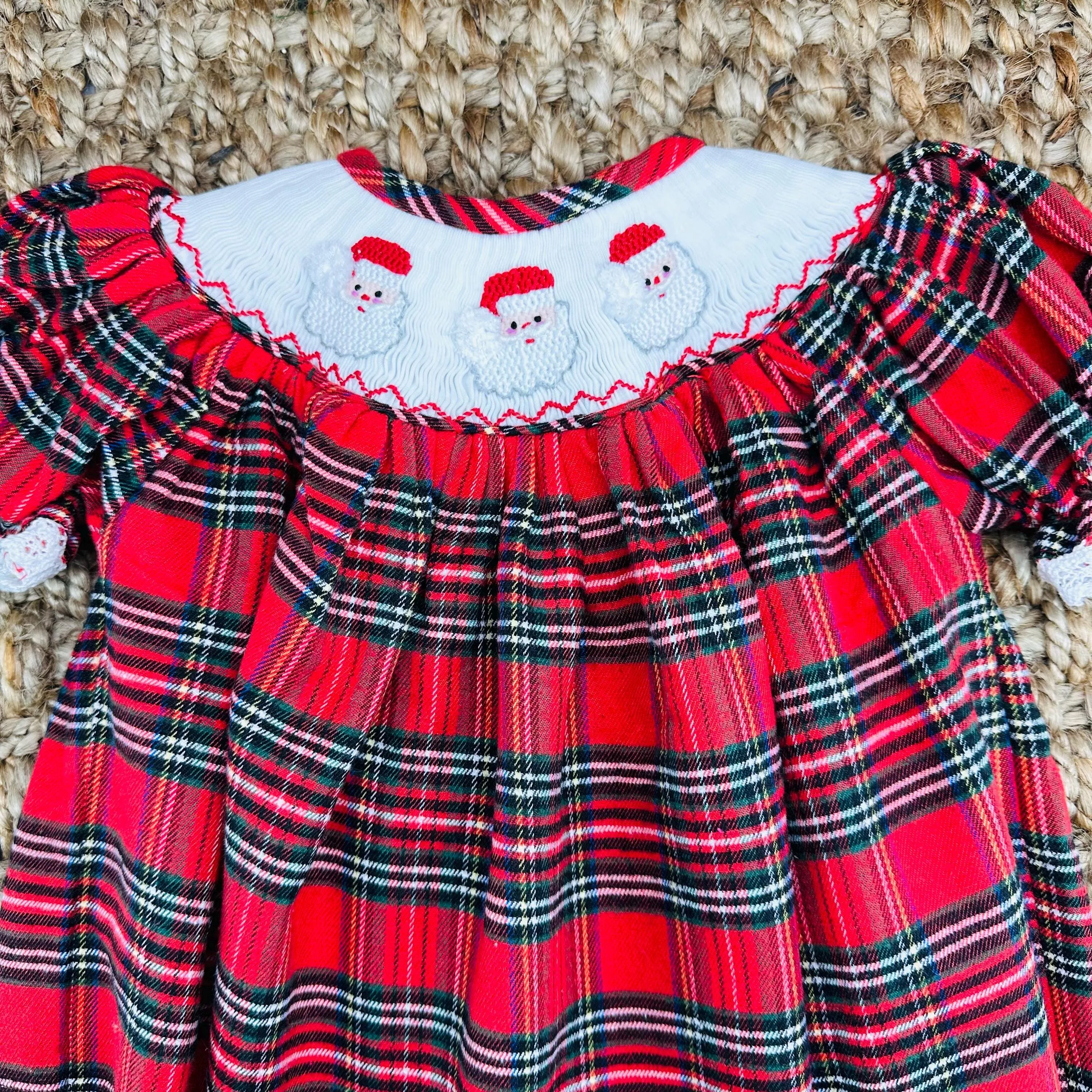 Santa Smocked Christmas Bubble in Tartan Plaid