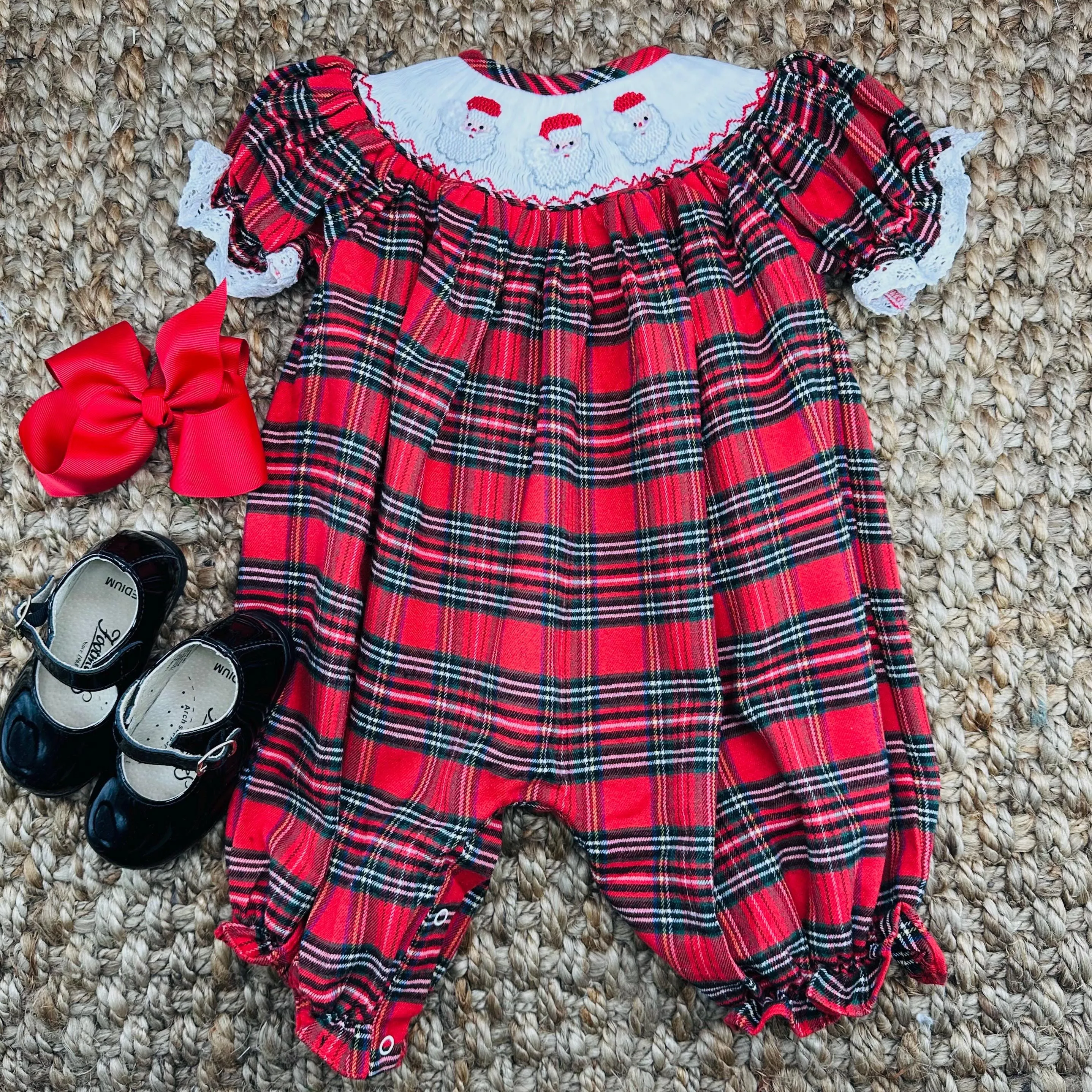 Santa Smocked Christmas Bubble in Tartan Plaid