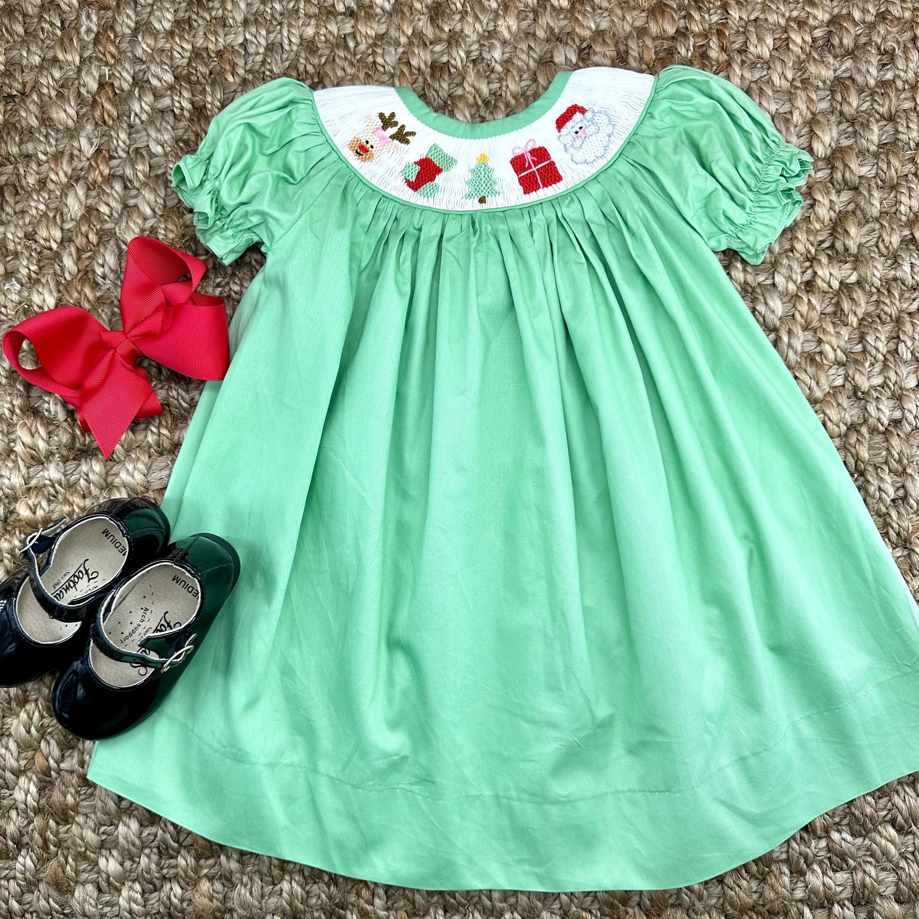 Santa Smocked Christmas Dress in Green