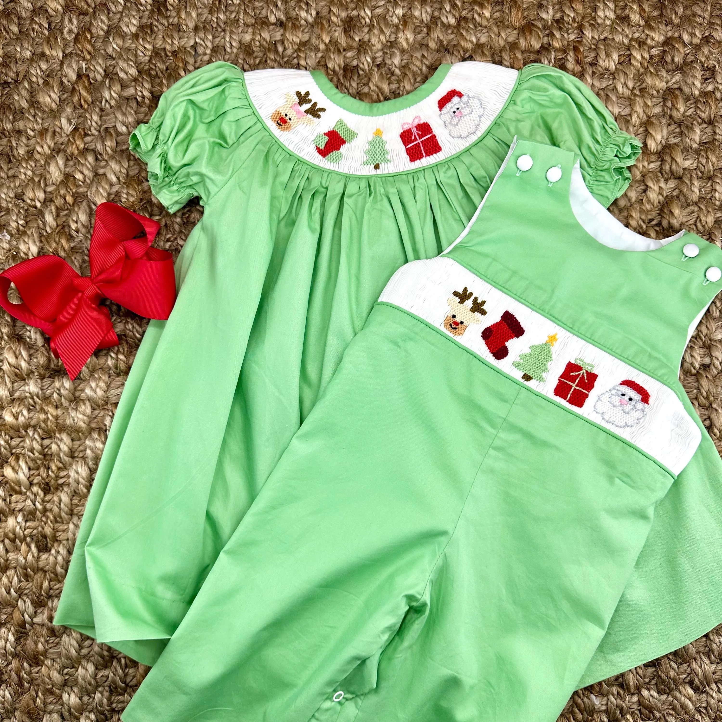 Santa Smocked Christmas Dress in Green