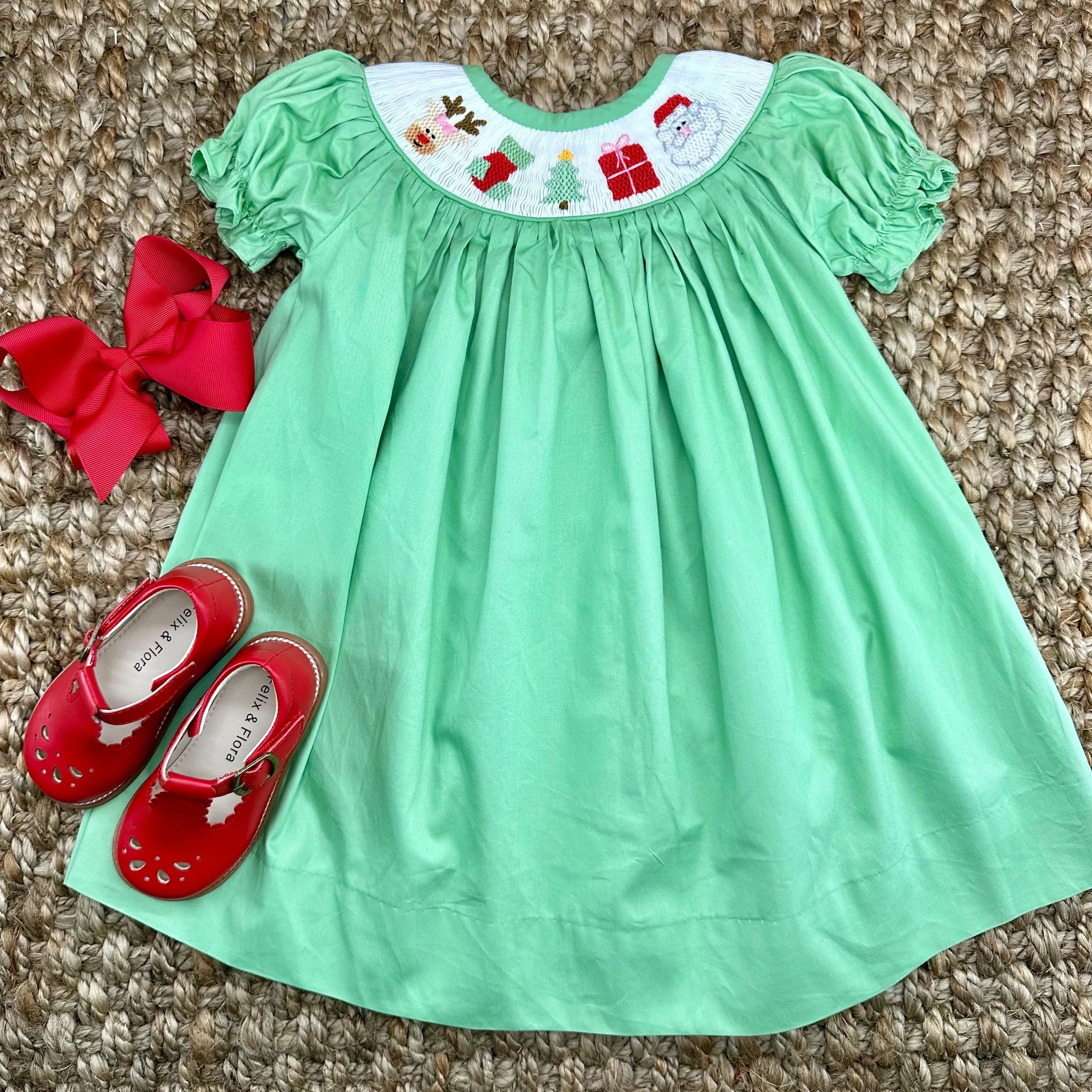 Santa Smocked Christmas Dress in Green