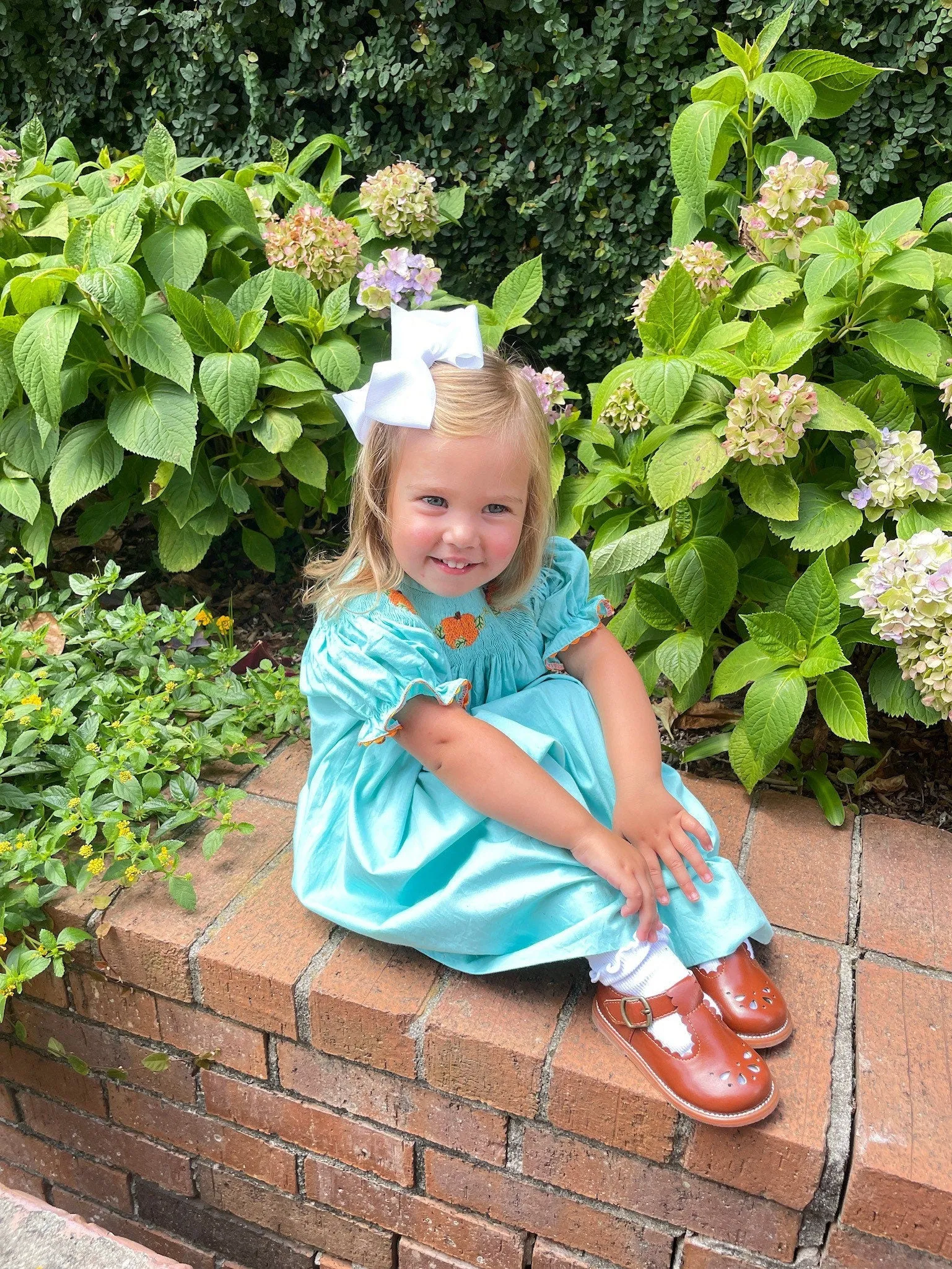 Smocked Pumpkin Bishop Dress in teal