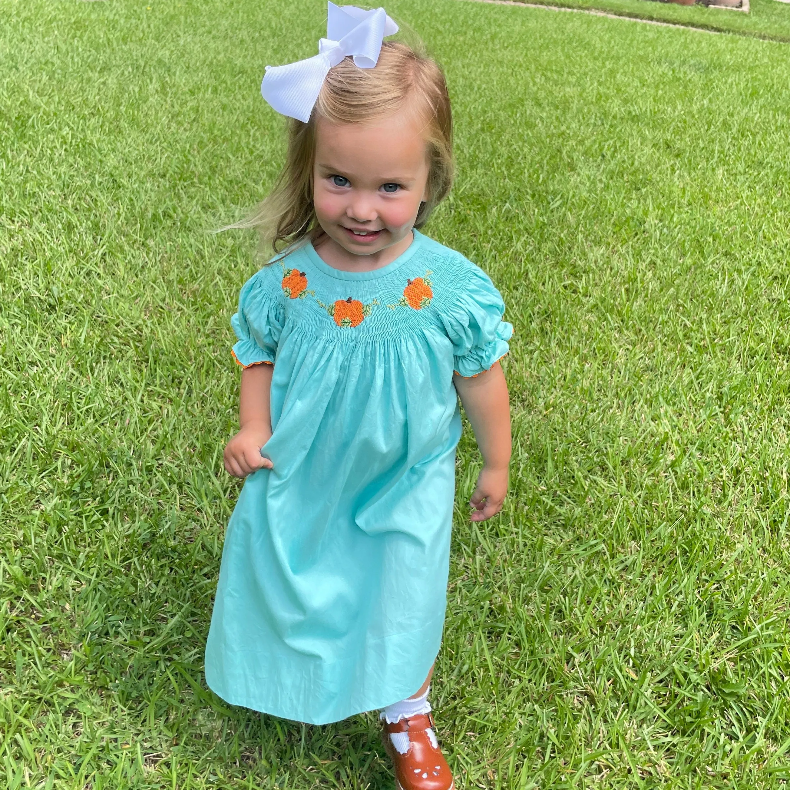 Smocked Pumpkin Bishop Dress in teal