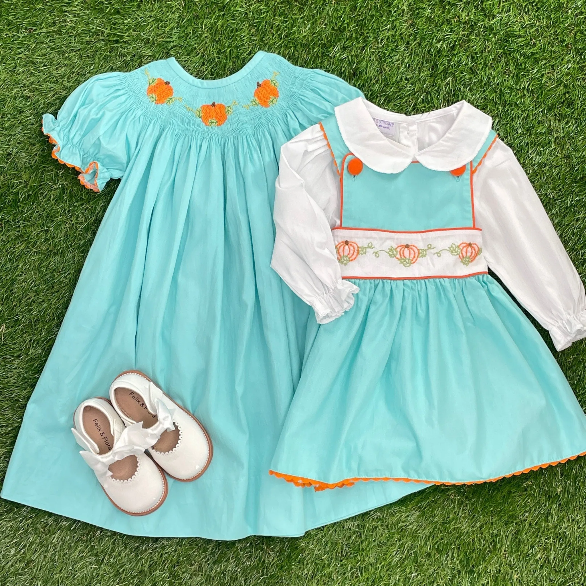 Smocked Pumpkin Bishop Dress in teal