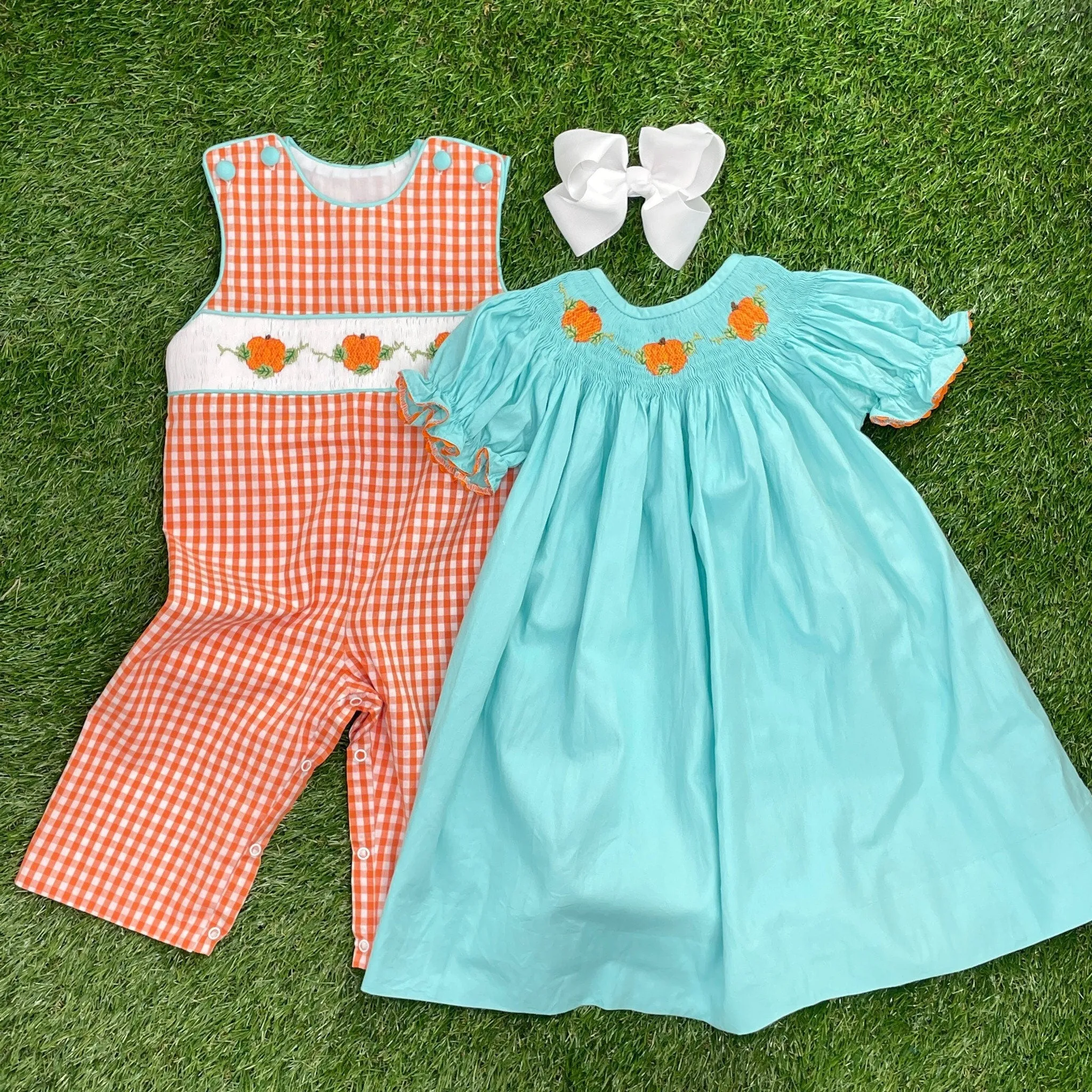 Smocked Pumpkin Bishop Dress in teal